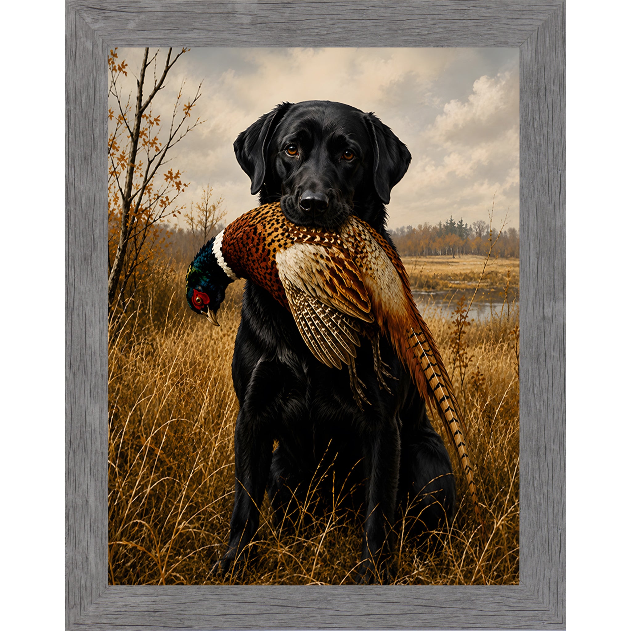 Gray framed portrait heritage hunting dog wall art featuring a black Labrador holding a pheasant in a golden autumn field