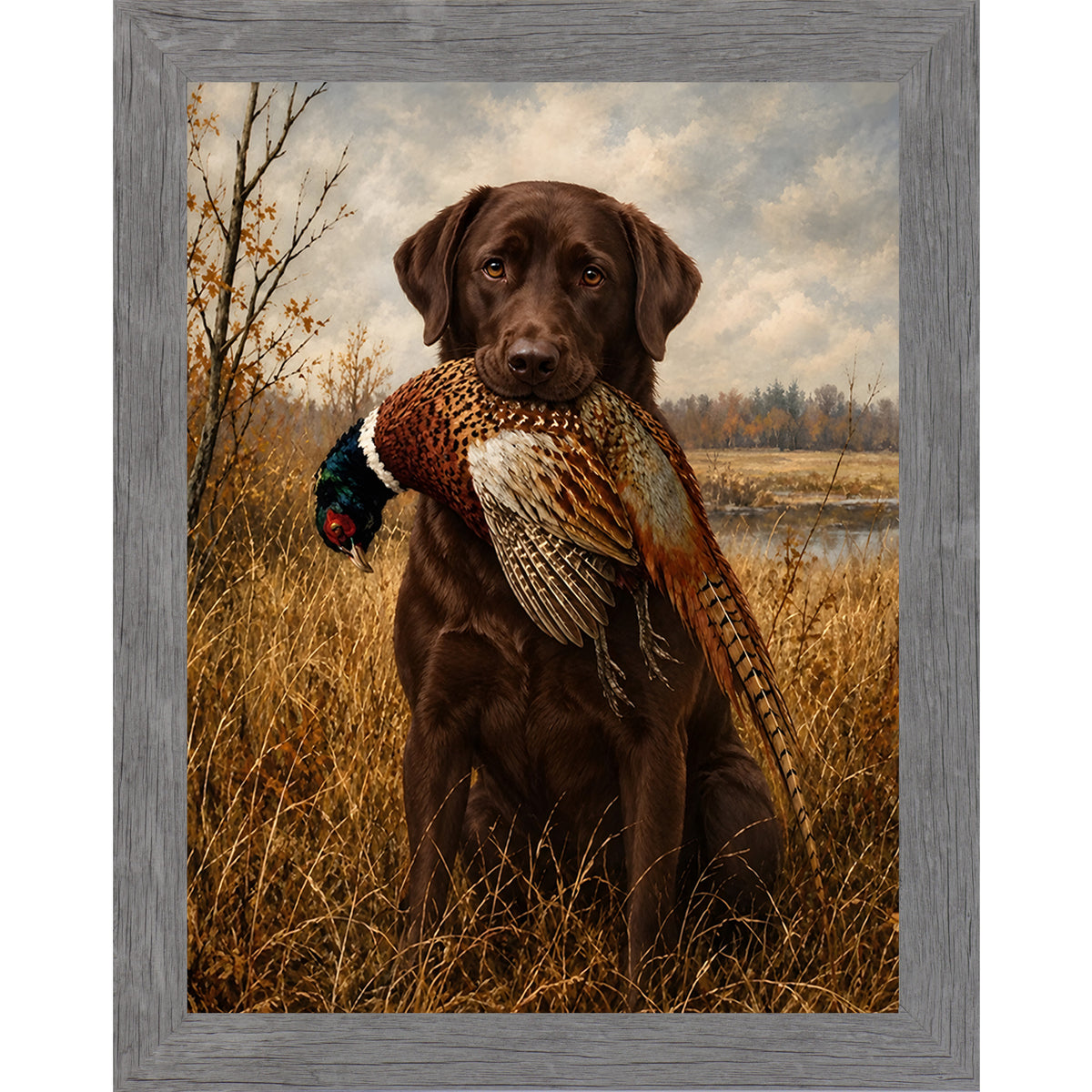 Gray framed portrait heritage hunting dog wall art featuring a chocolate Labrador holding a pheasant in a golden autumn field