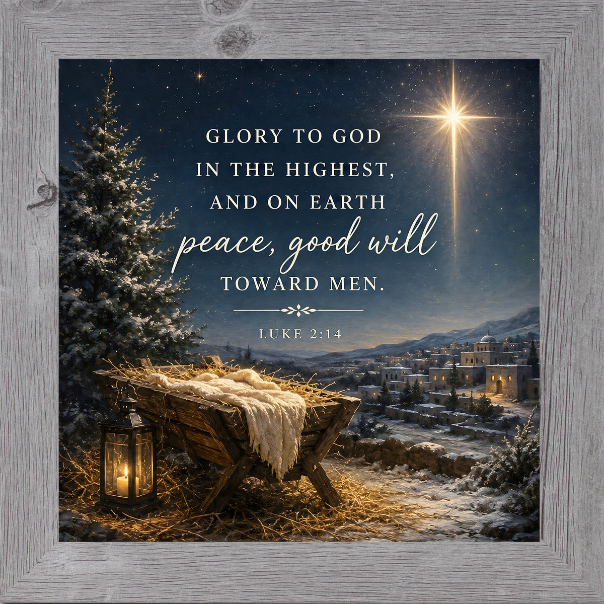 "Glory to God in the Highest nativity wall art in a gray frame, featuring Luke 2:14 scripture, starry night sky, and snowy pine tree"