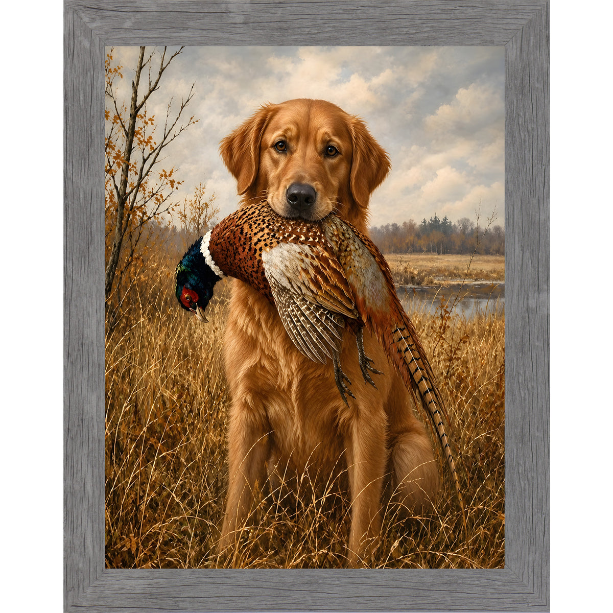 Gray framed portrait heritage hunting dog wall art featuring a golden retriever holding a pheasant in a golden autumn field