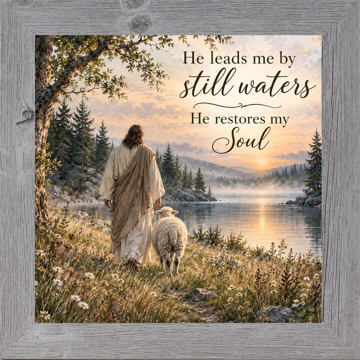 Gray framed square Christian wall art featuring Christ walking beside a lamb at a sunset lake with the words "He Leads Me By Still Waters He Restores My Soul"