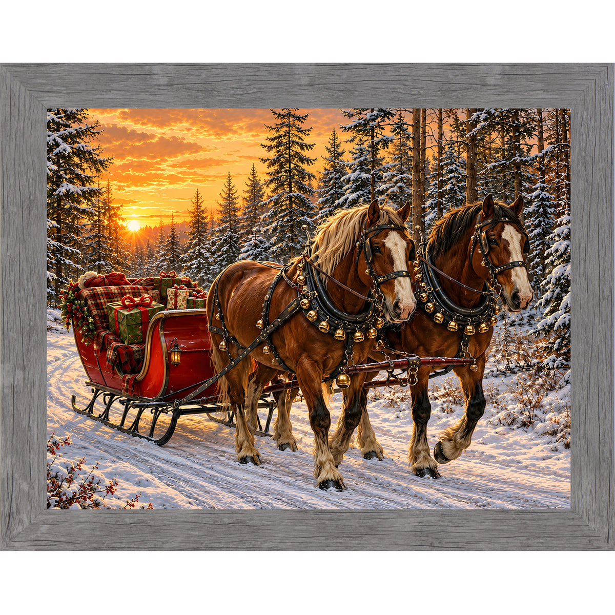Gray framed landscape heritage Christmas wall art featuring two bay draft horses pulling a red sleigh piled with presents through a golden sunset forest