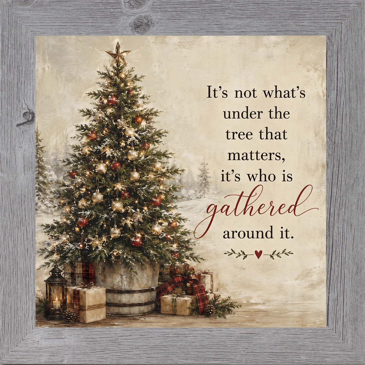 It's Not What's Under the Tree wall art in gray frame, vintage Christmas tree quote