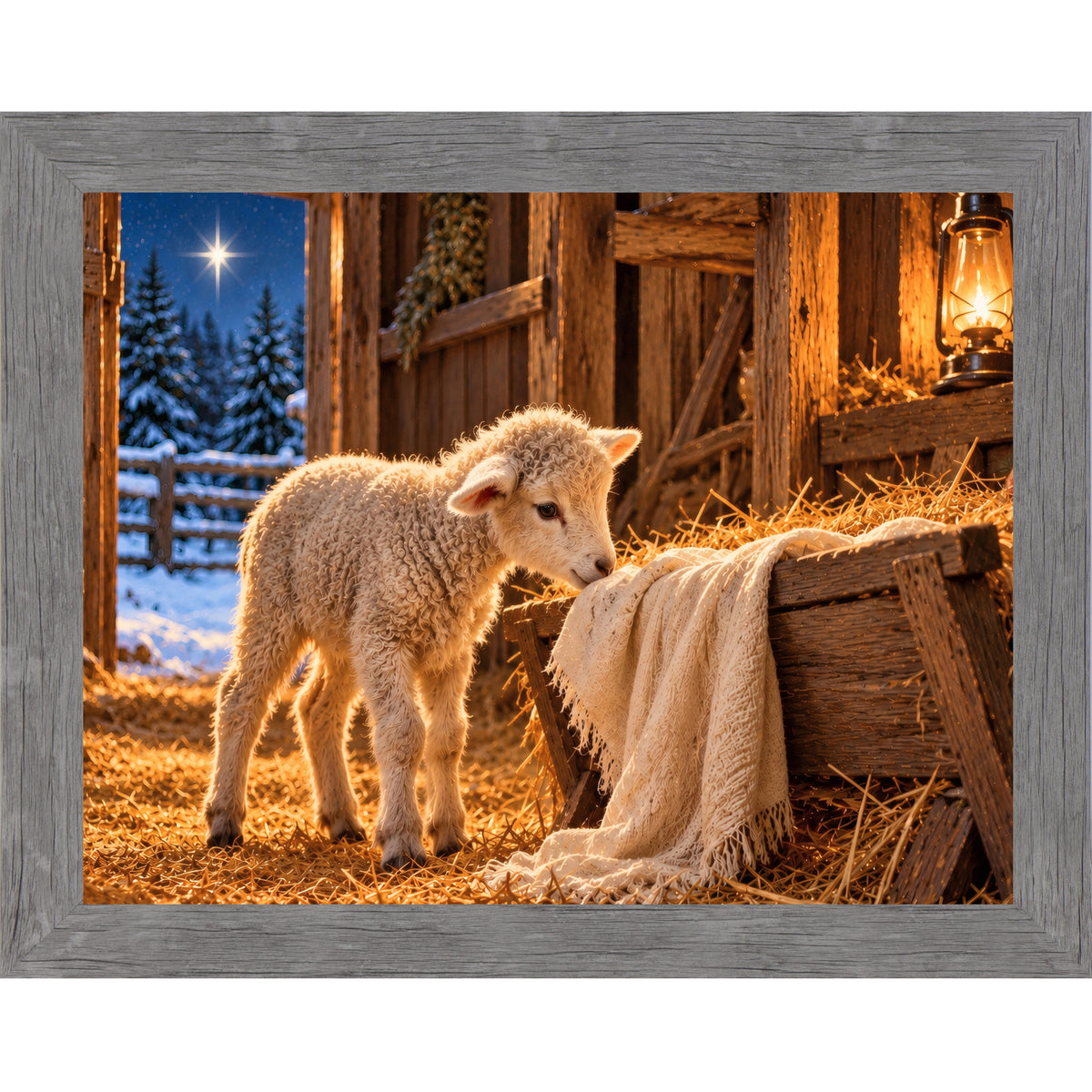 Gray framed landscape nativity wall art featuring a newborn lamb beside a wooden manger with hay, a lantern, and the Star of Bethlehem over snowy pines