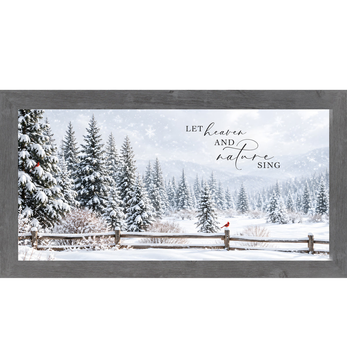 Let Heaven and Nature Sing wall art in gray frame, snowy mountain valley with cardinals