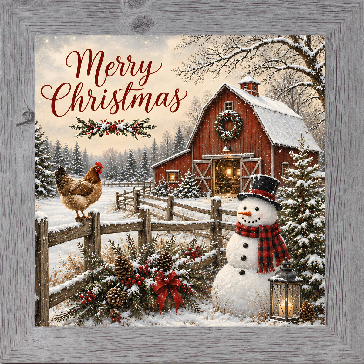 Gray framed square Christmas wall art featuring a snowman and hen beside a red barn with the words "Merry Christmas"