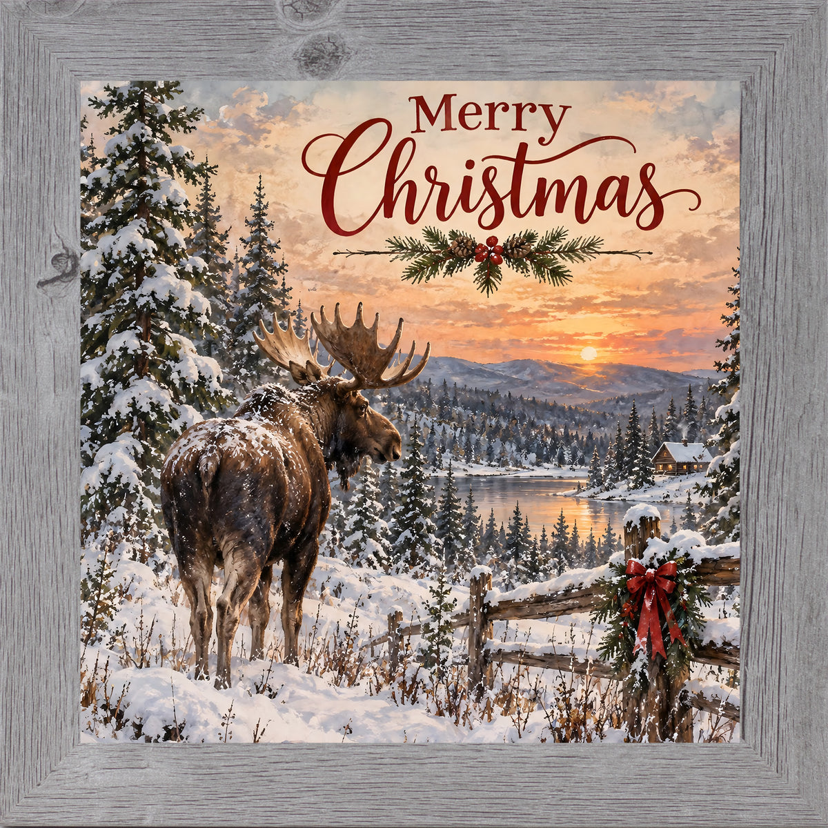 Gray framed square Christmas wall art featuring a moose beside a frozen lake at sunset with the words "Merry Christmas"