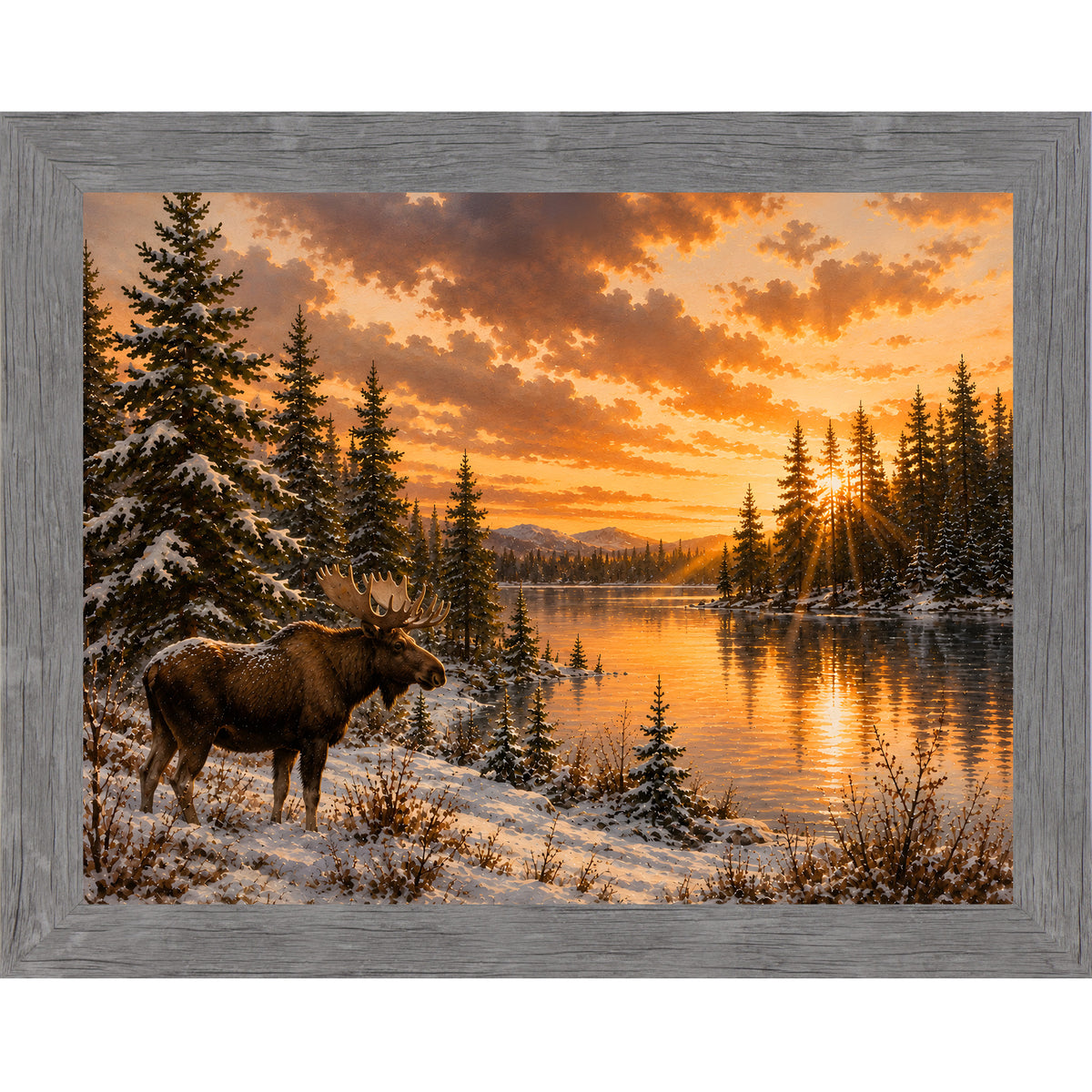 Gray framed landscape wall art featuring a moose standing along a sunlit snowy lakeshore at golden hour