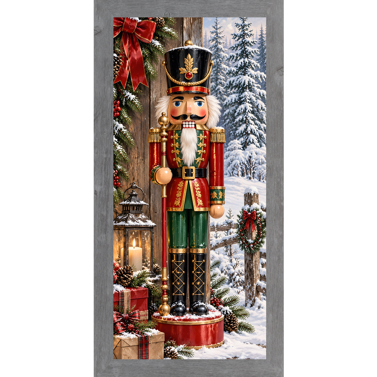 Nutcracker soldier wall art in gray frame, Christmas village tall portrait