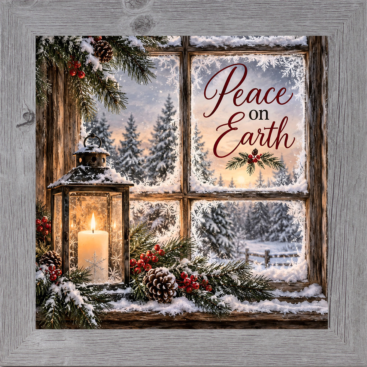 Peace on Earth wall art in gray frame, Christmas window lantern scene