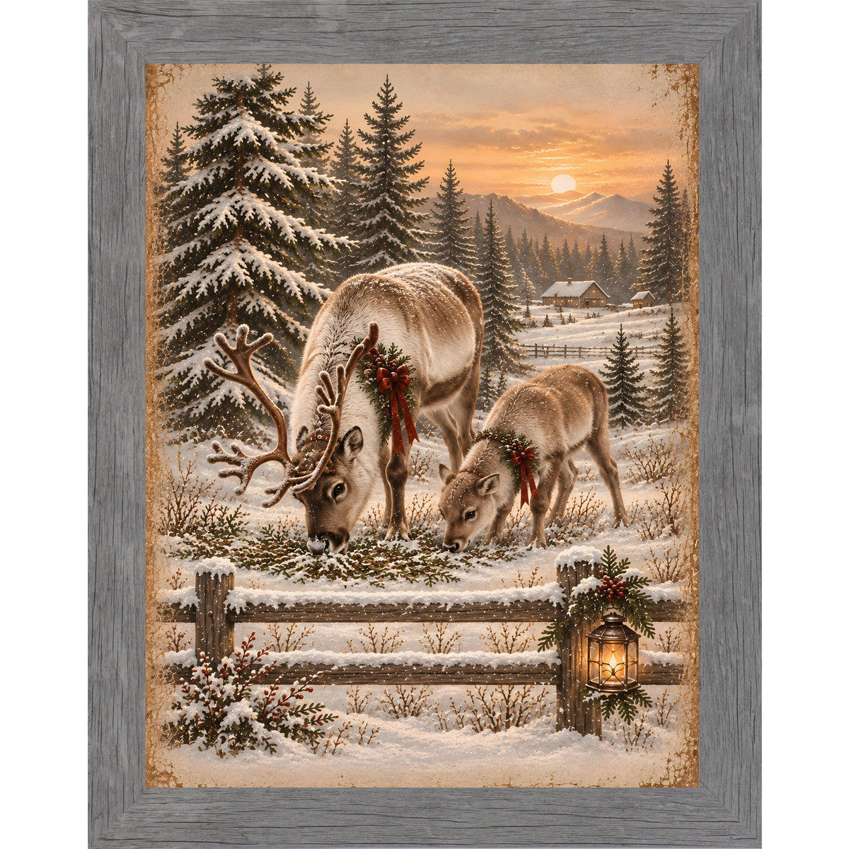 Reindeer at sunset wall art in gray frame, snowy winter portrait scene