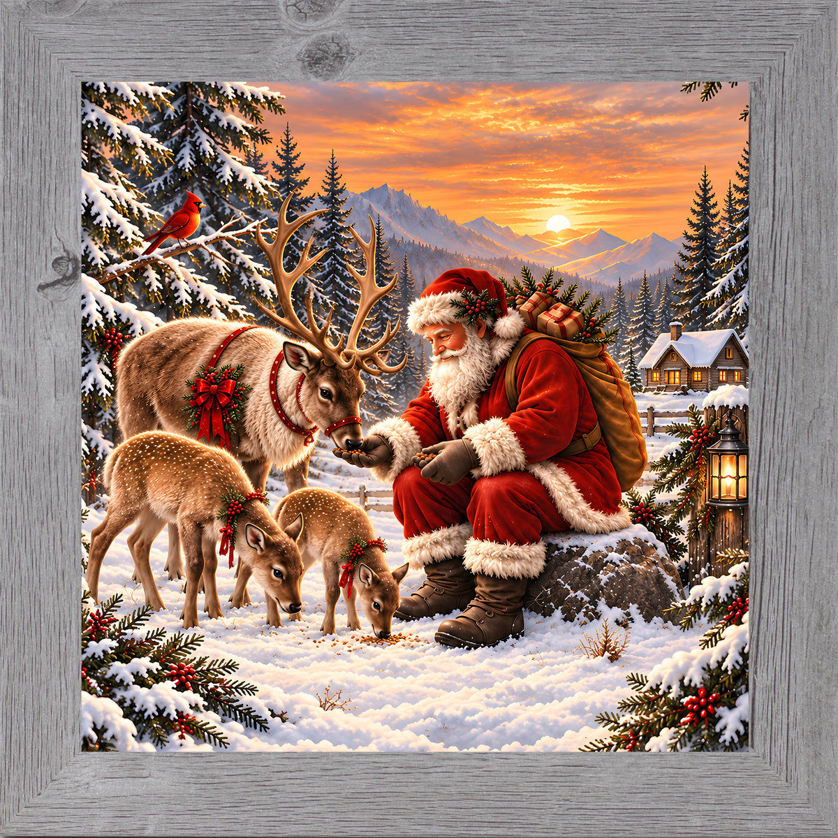 Santa feeding his reindeer wall art in gray frame, Santa with reindeer at sunset