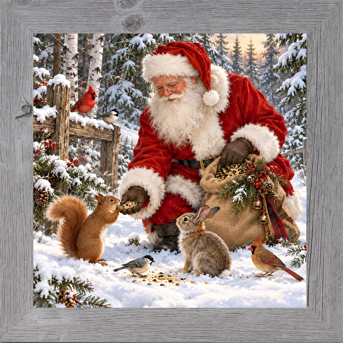 Gray framed square Santa Claus Christmas wall art featuring Santa feeding a squirrel, rabbit, chickadee, and cardinal in a snowy forest