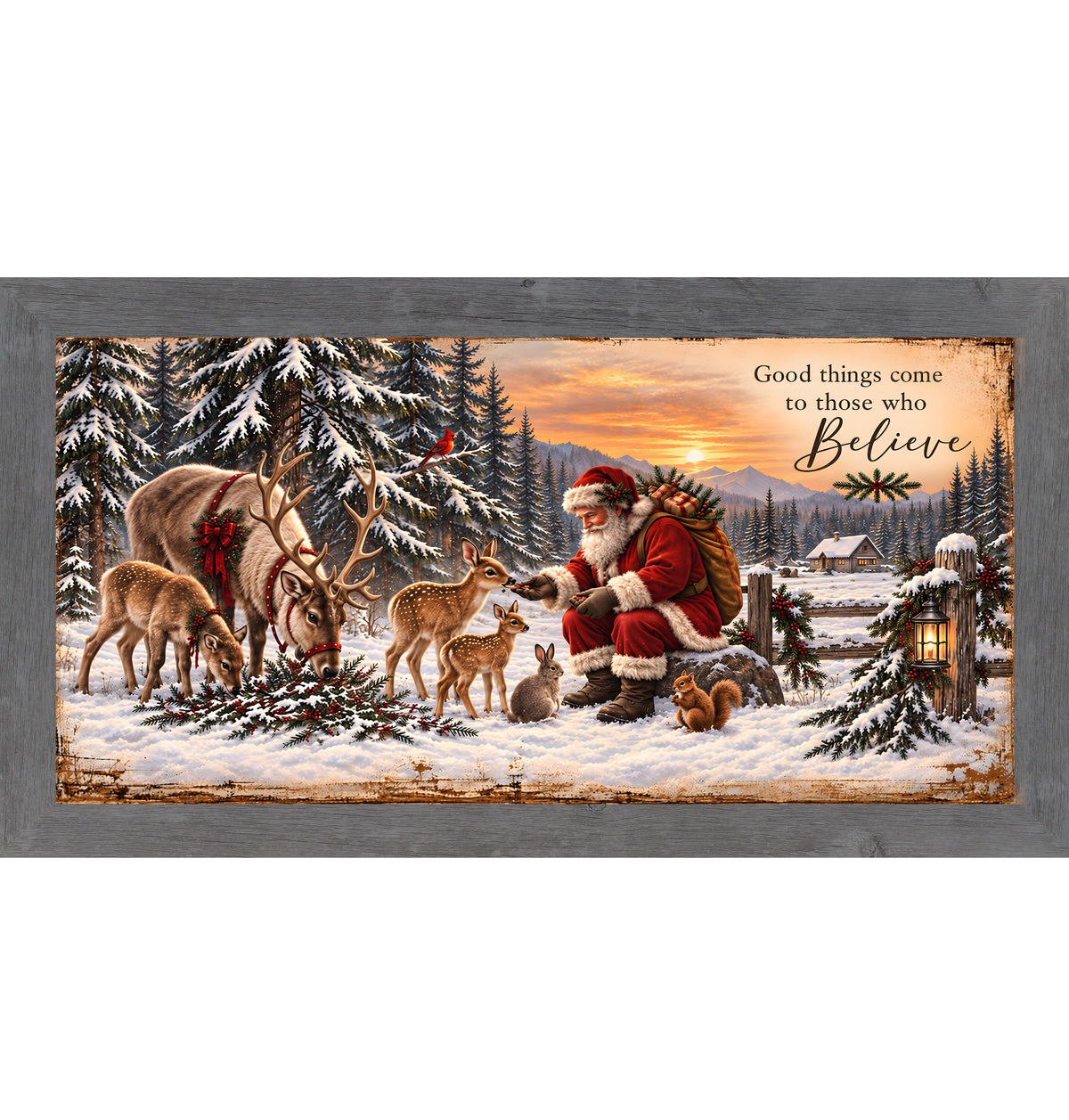 Santa feeding the animals wall art in gray frame, reindeer and woodland creatures at sunset