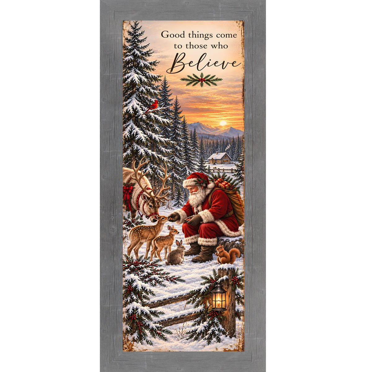 Santa feeding the animals wall art in gray frame, tall Christmas portrait with Believe sign