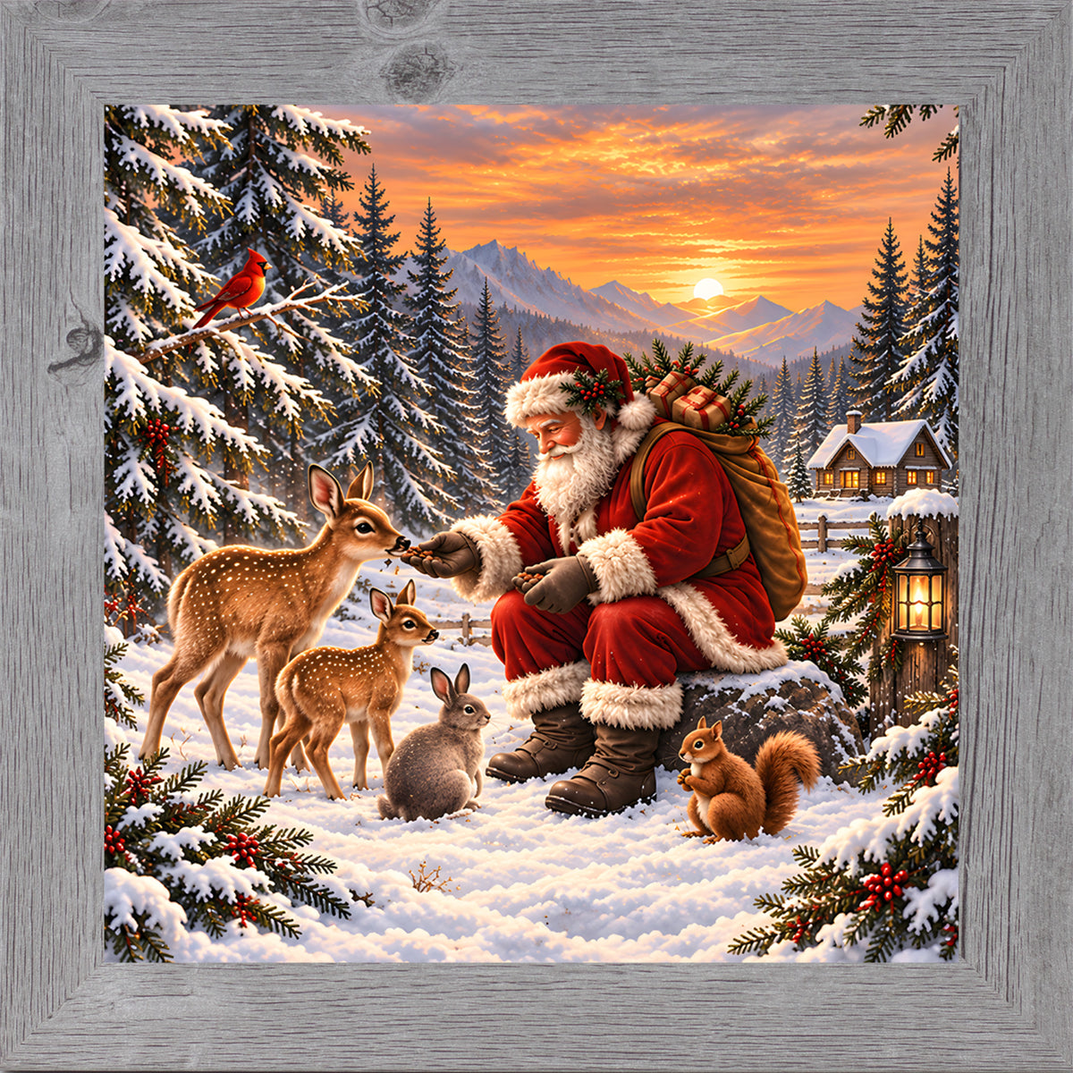 Santa feeding forest animals wall art in gray frame, Santa with fawns at sunset