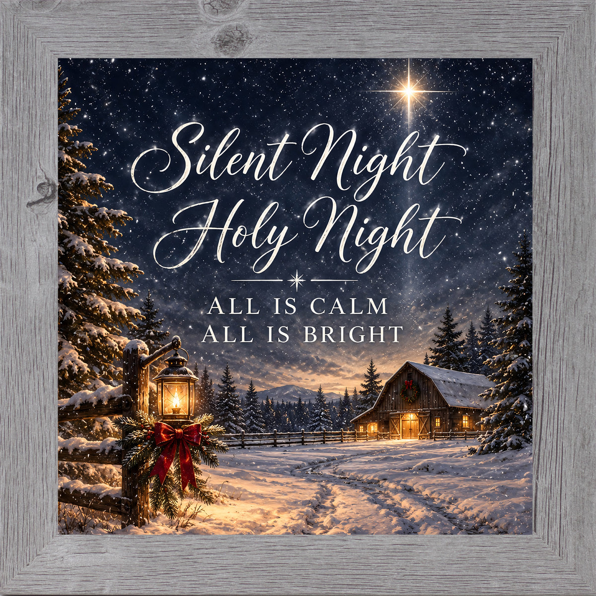 "Gray framed square Christmas wall art featuring a snowy barn, lantern, and Star of Bethlehem with the words Silent Night Holy Night"