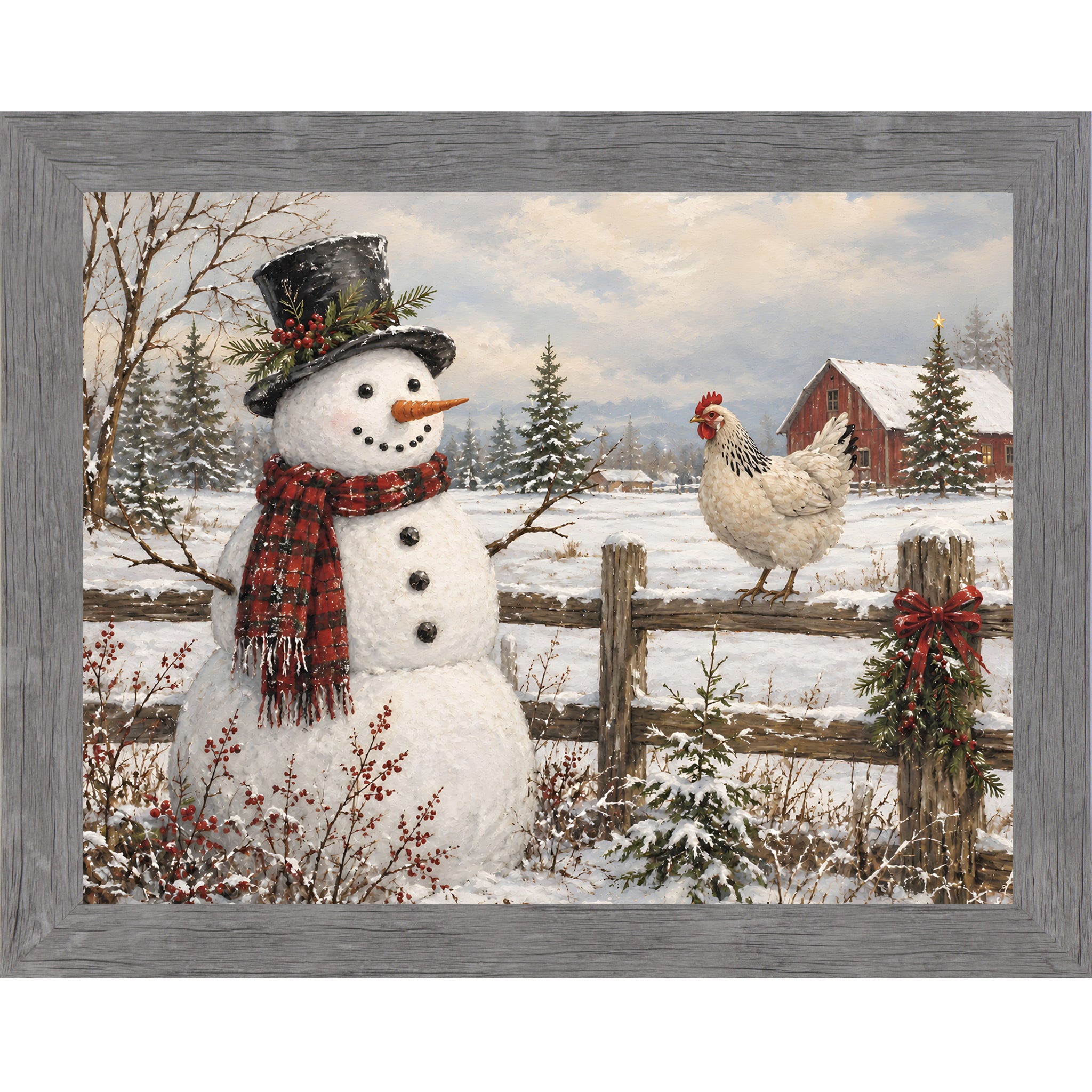 Gray framed landscape rural winter wall art featuring a snowman in a top hat and a hen perched on a fence in front of a red barn