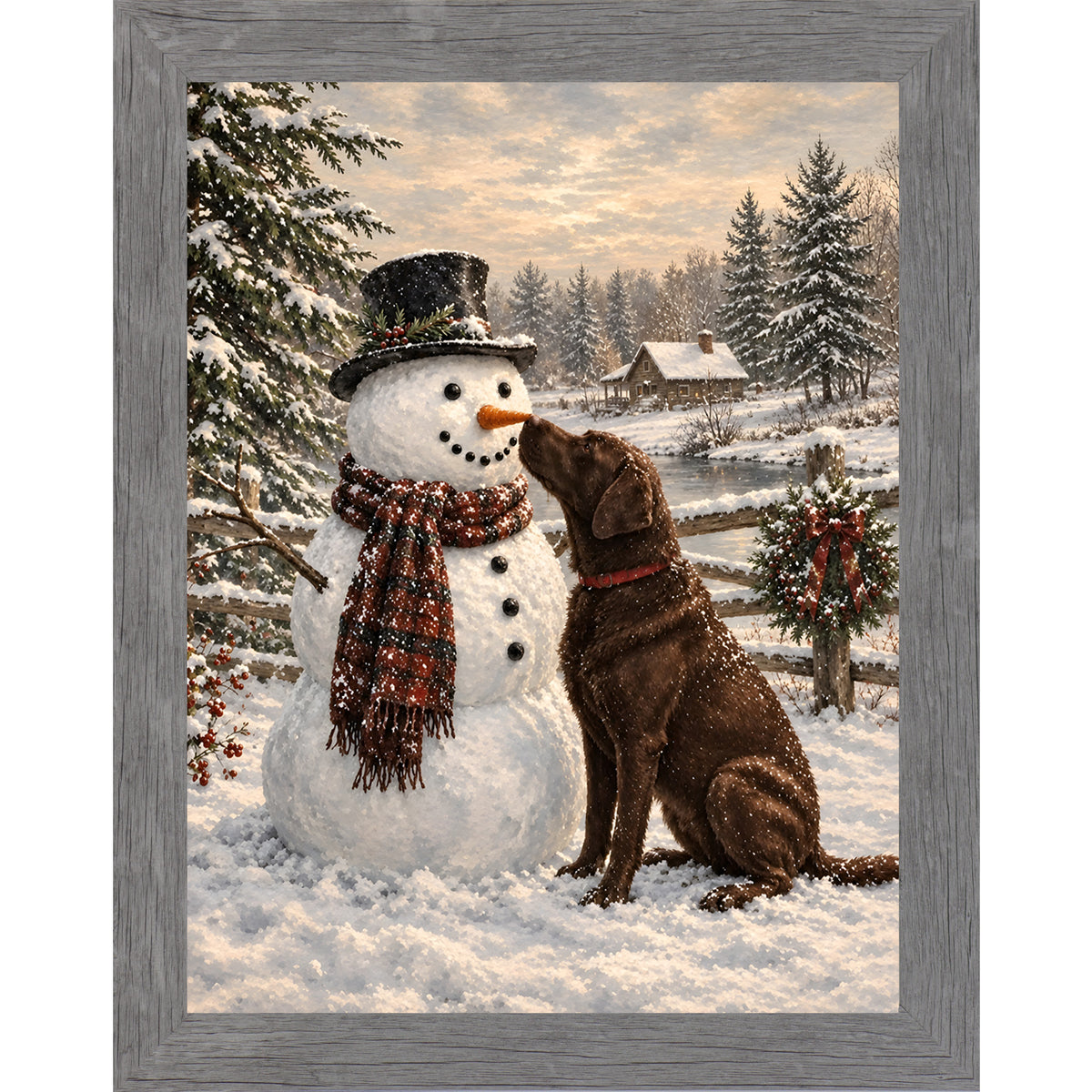 Gray framed portrait heritage Christmas wall art featuring a chocolate Labrador nosing a top-hatted snowman in a plaid scarf against a snowy countryside scene