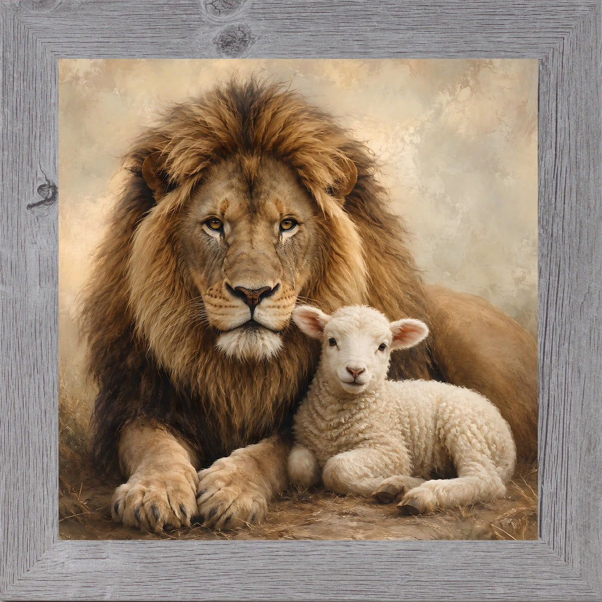 Gray framed square Christian wall art featuring a majestic lion resting protectively beside a peaceful lamb