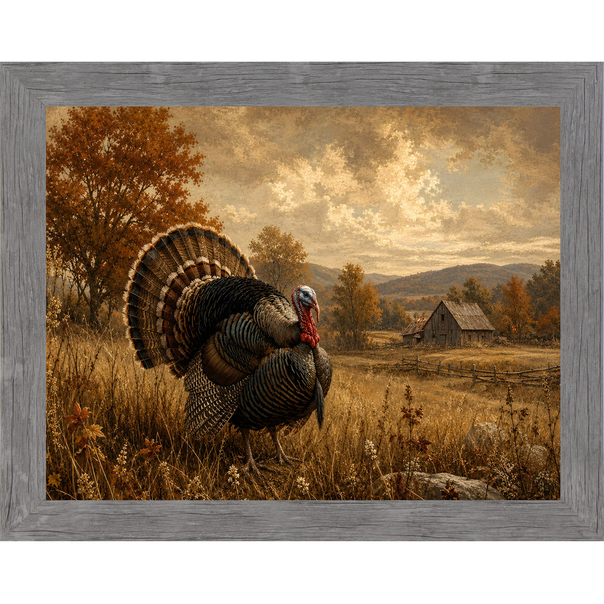 Gray framed landscape vintage sporting wall art featuring a wild turkey in full fan display standing in a golden autumn field with a barn in the distance