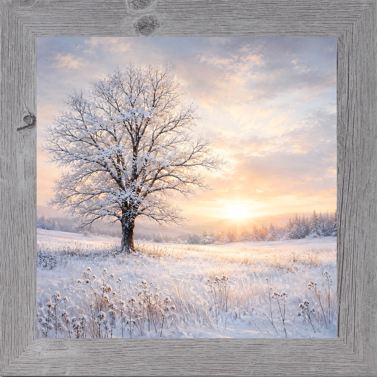 Gray framed square winter wall art featuring a snow-dusted tree against a glowing sunset over a snowy field