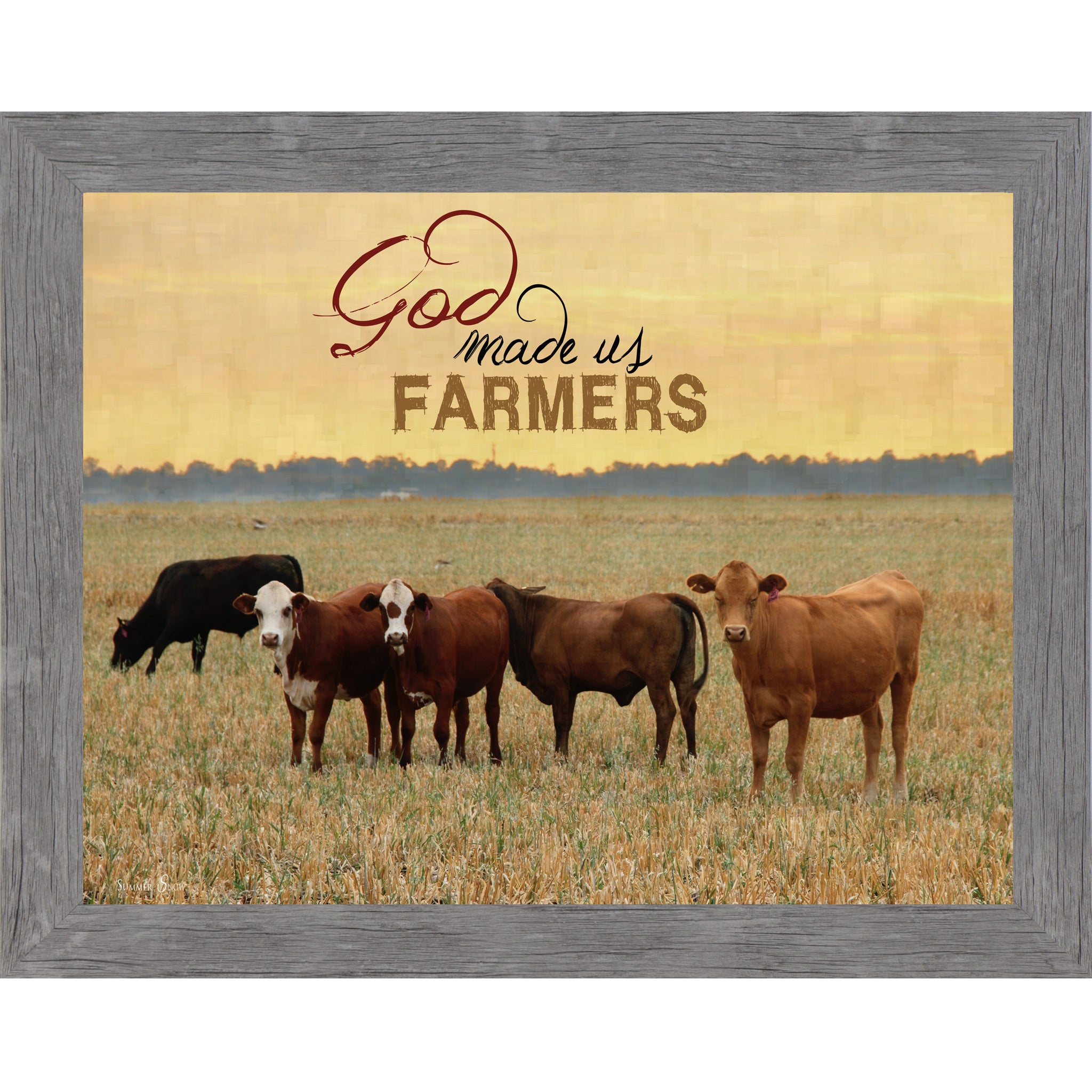 Gray framed horizontal farmhouse landscape wall art with cattle grazing in a golden field at sunset with the words "God Made Us Farmers"