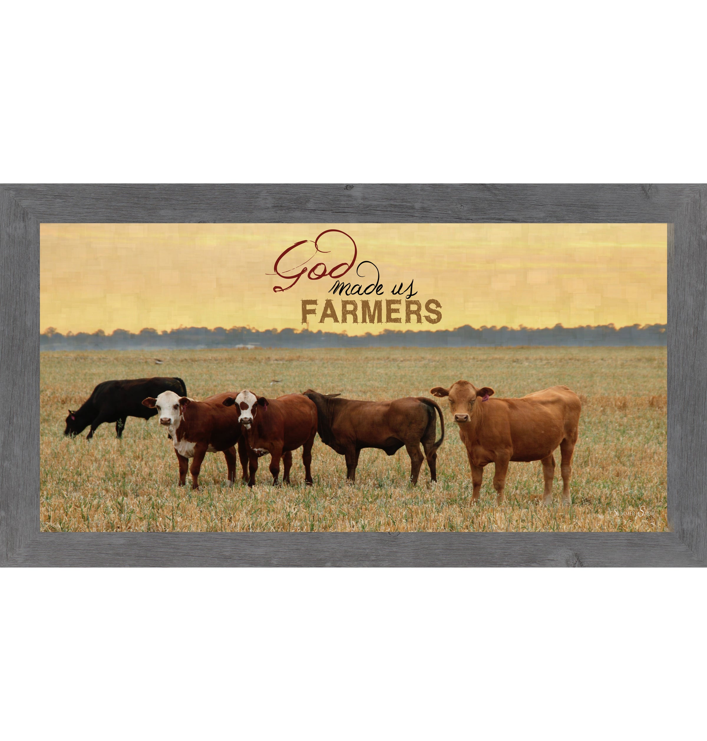 Gray framed wide panoramic farmhouse wall art featuring cattle grazing in a golden sunset field with pallet wood background and the words God Made Us Farmers