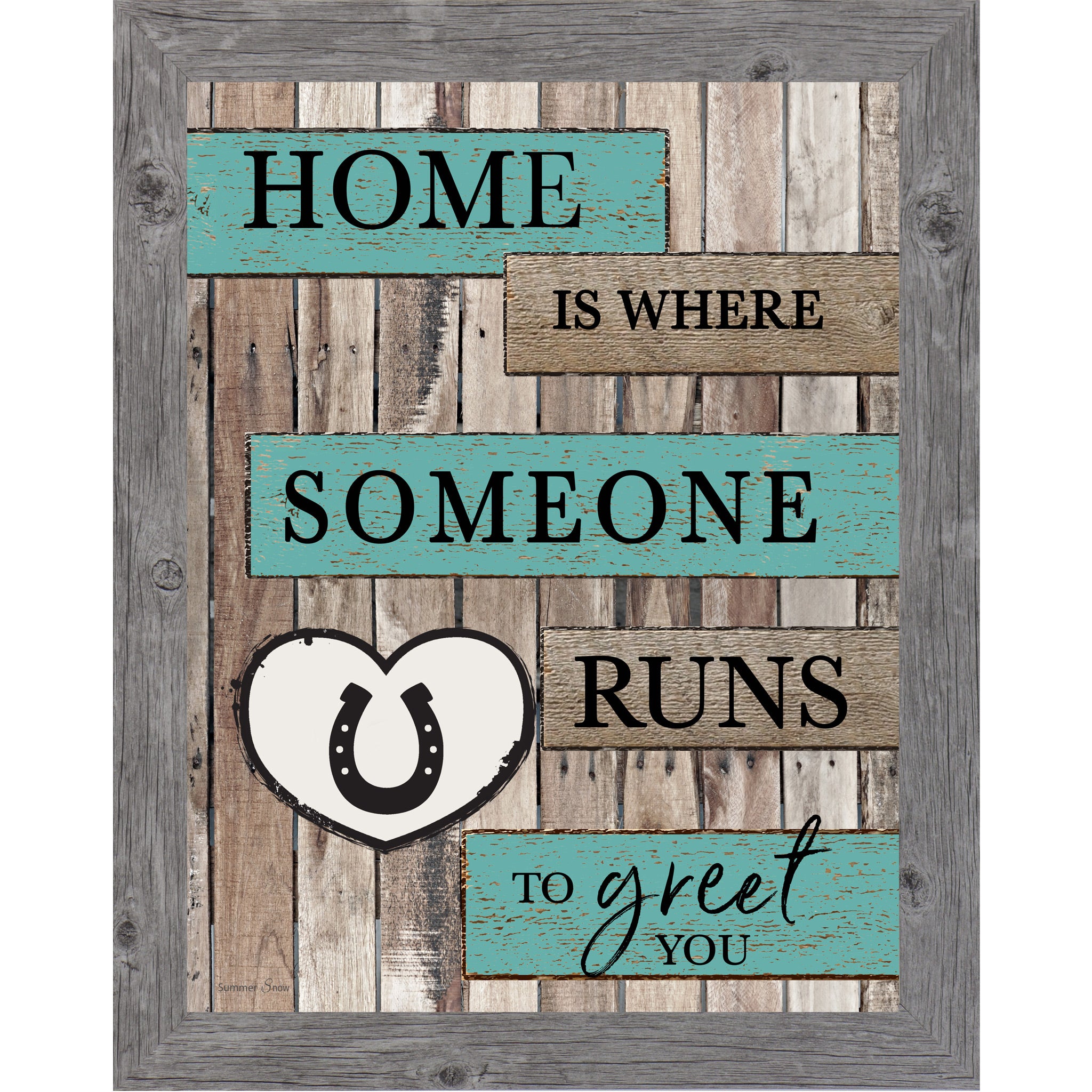 Gray framed portrait rustic pallet wood horse wall art with turquoise and wood plank banners reading Home Is Where Someone Runs to Greet You with a white horseshoe heart icon