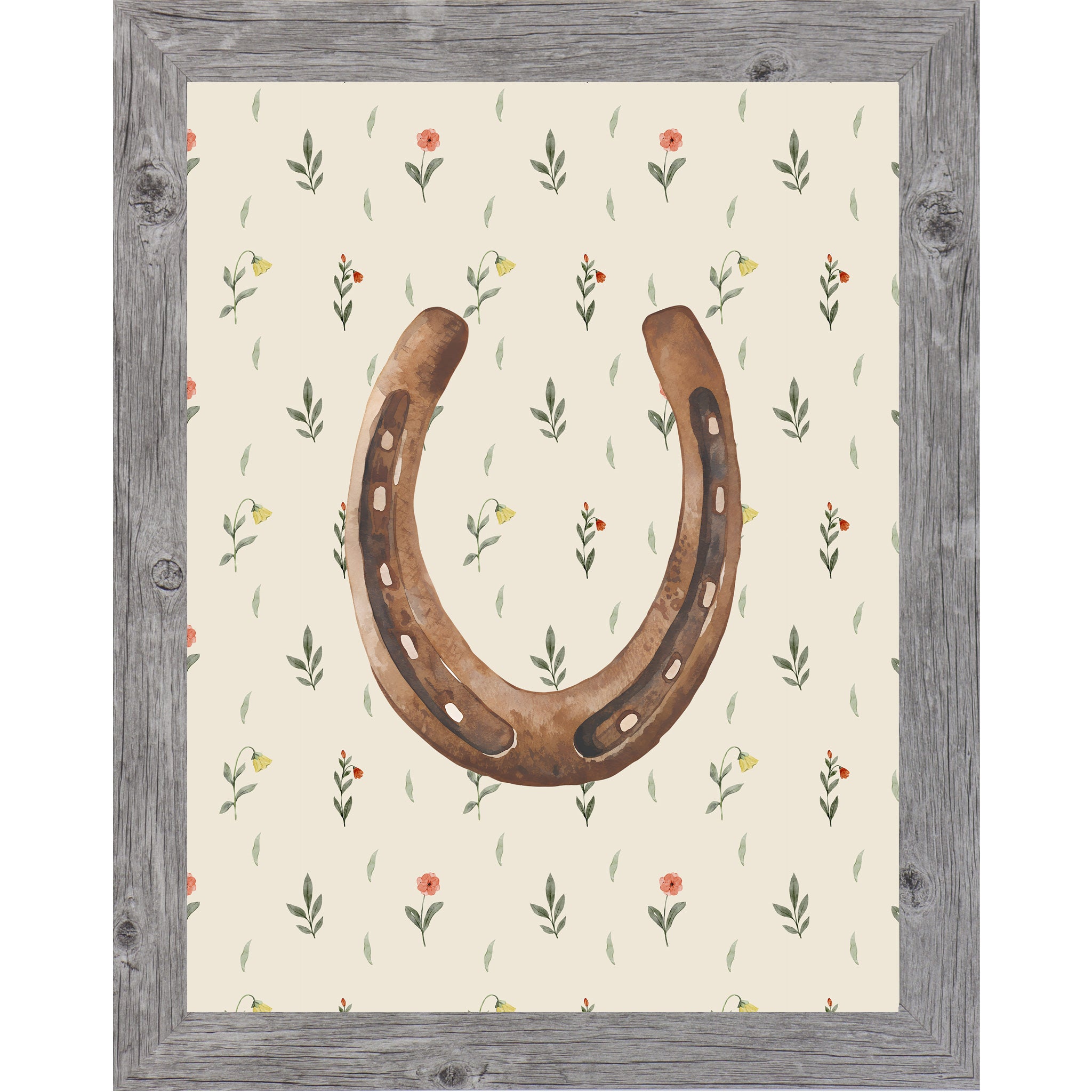Gray framed portrait horseshoe wall art with warm brown watercolor horseshoe open end up on soft cream scattered wildflower floral background — western cowgirl good luck decor