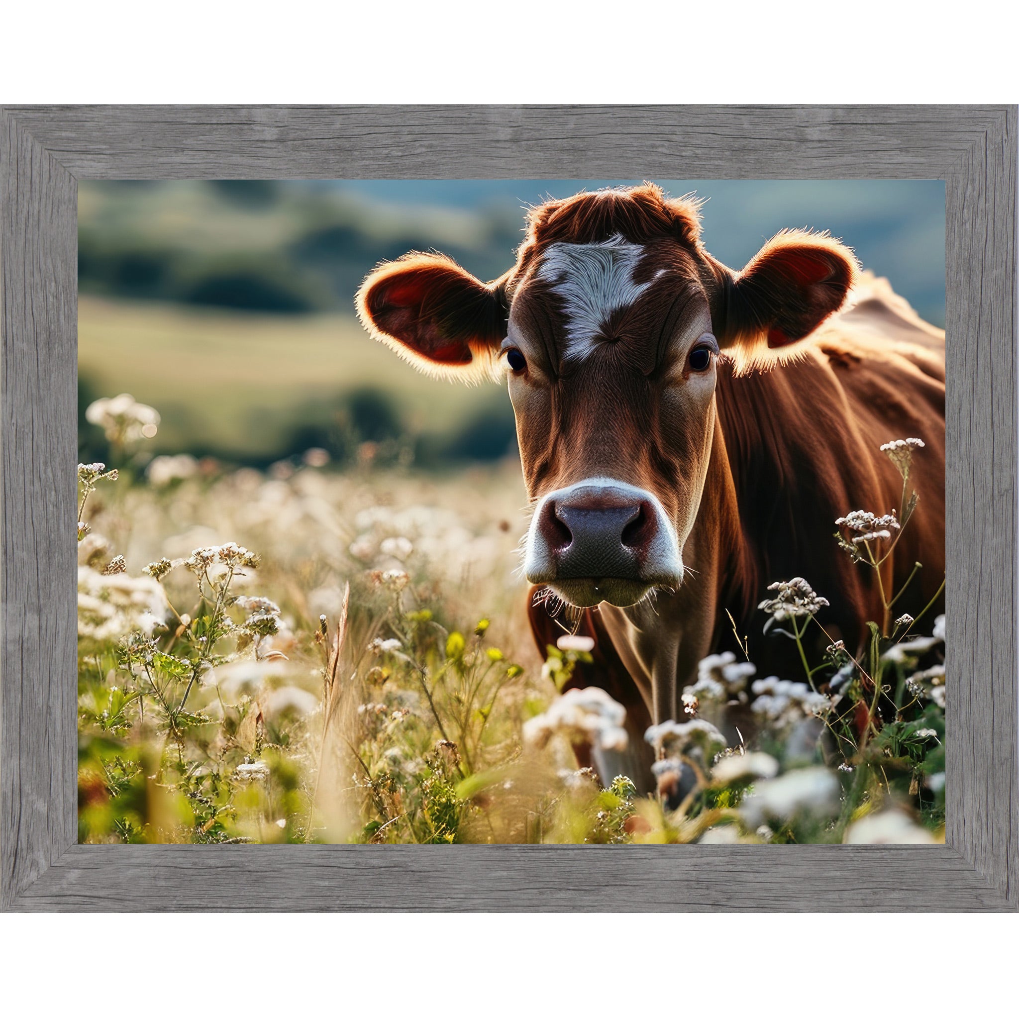 Gray framed horizontal farmhouse wall art featuring a close-up Jersey cow surrounded by white wildflowers in a sunny meadow with rolling green hills