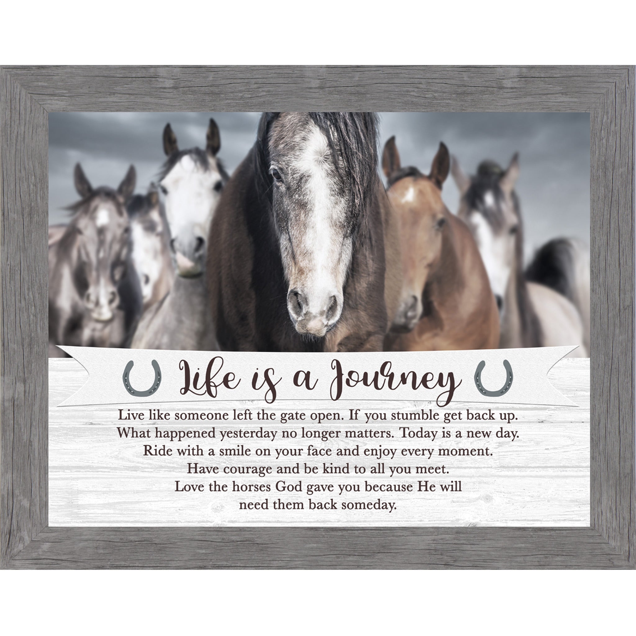 Gray framed horizontal equestrian wall art featuring a herd of horses under a dramatic stormy sky with a pallet wood banner reading Life is a Journey inspirational quote