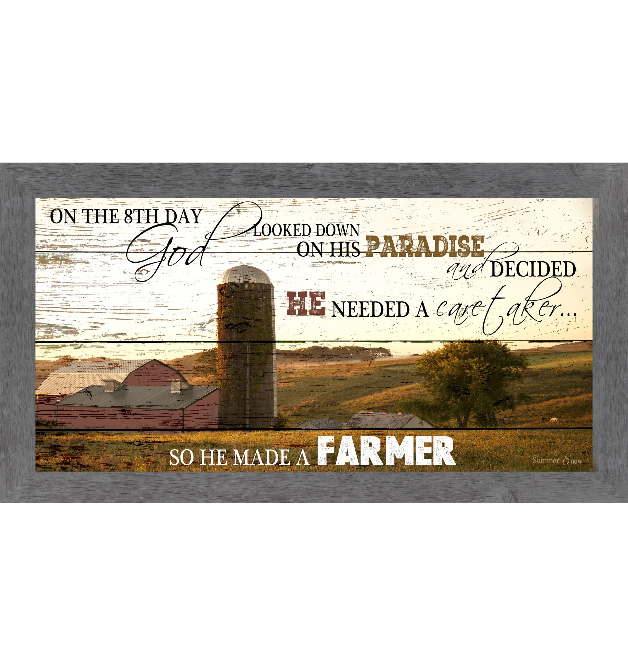 Gray framed wide panoramic farmhouse wall art featuring a red barn and silo on pallet wood background with the full quote On The 8th Day God Looked Down On His Paradise And Decided He Needed A Caretaker So He Made A Farmer
