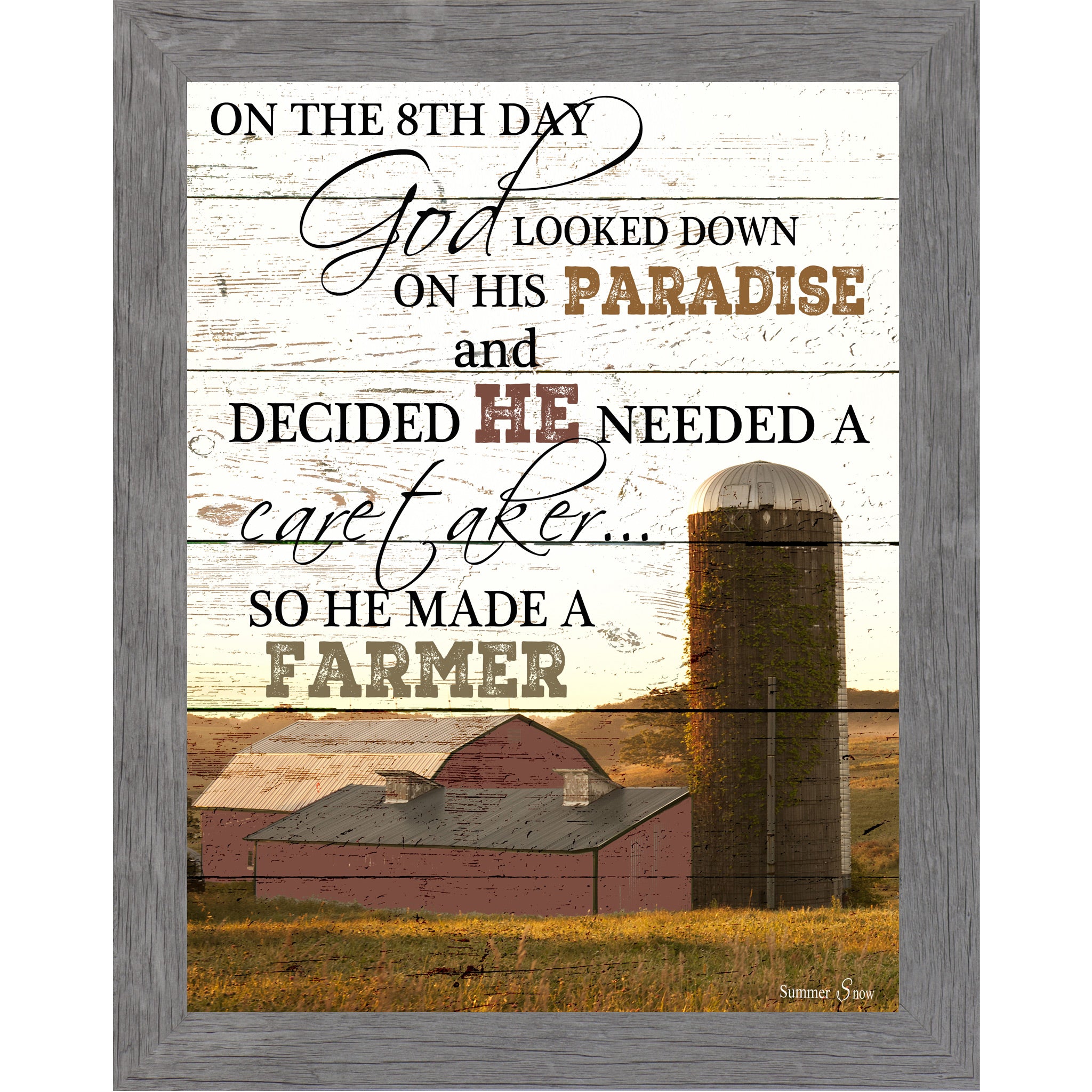 Gray framed portrait farmhouse wall art with full On The 8th Day God Made A Farmer quote in bold mixed typography over red barn and ivy silo photograph on rustic pallet wood background