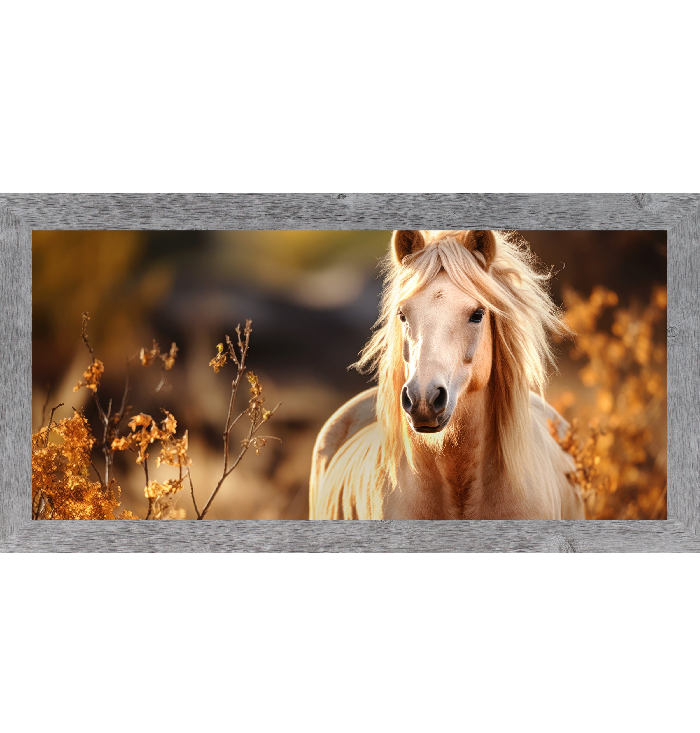 Gray framed wide landscape palomino horse wall art featuring a glowing golden palomino with flowing mane surrounded by warm amber autumn foliage against a dark bokeh background