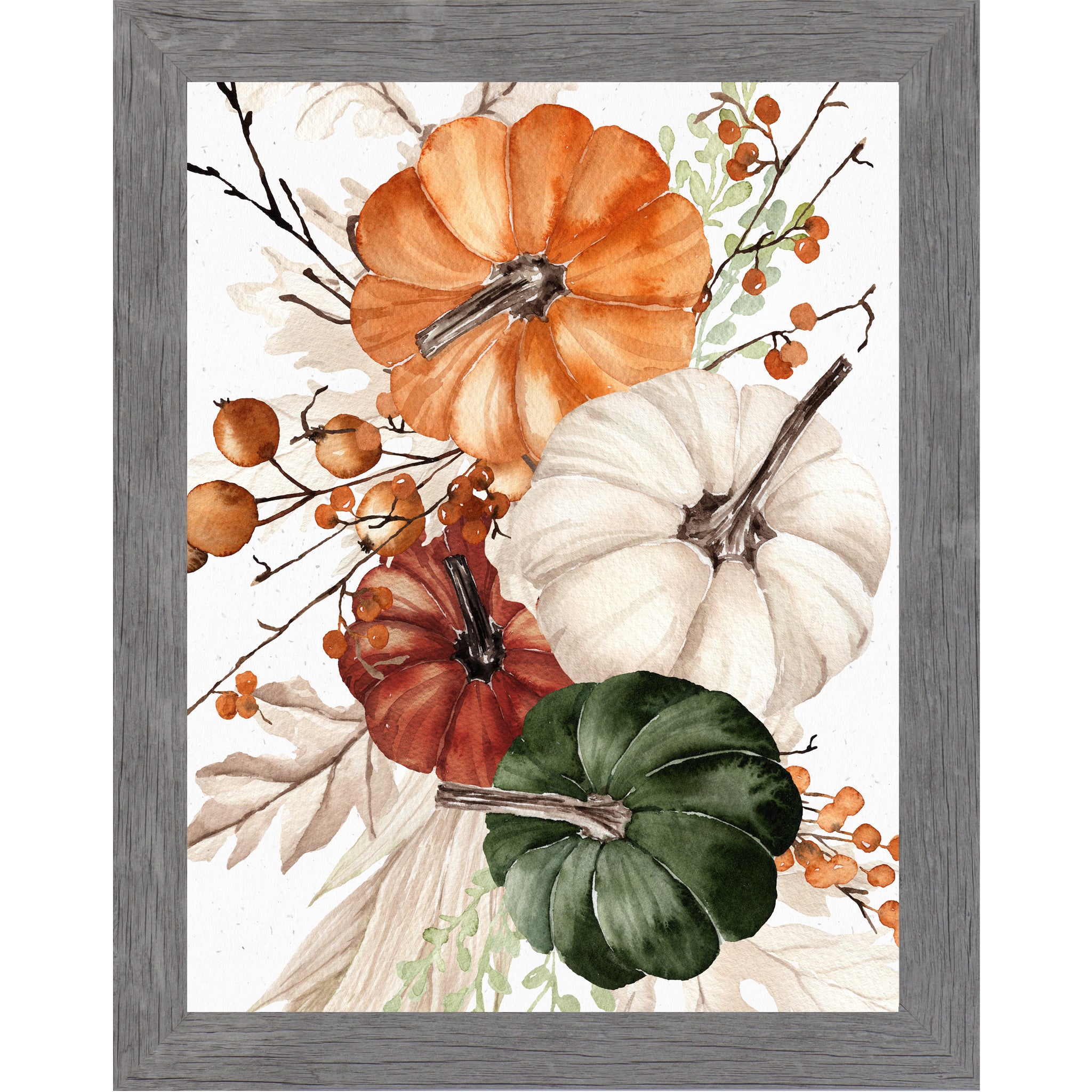 Gray framed portrait fall wall art featuring watercolor orange white burgundy and green pumpkins with dried berries and neutral foliage — Pumpkin Bouquet SB252 right panel