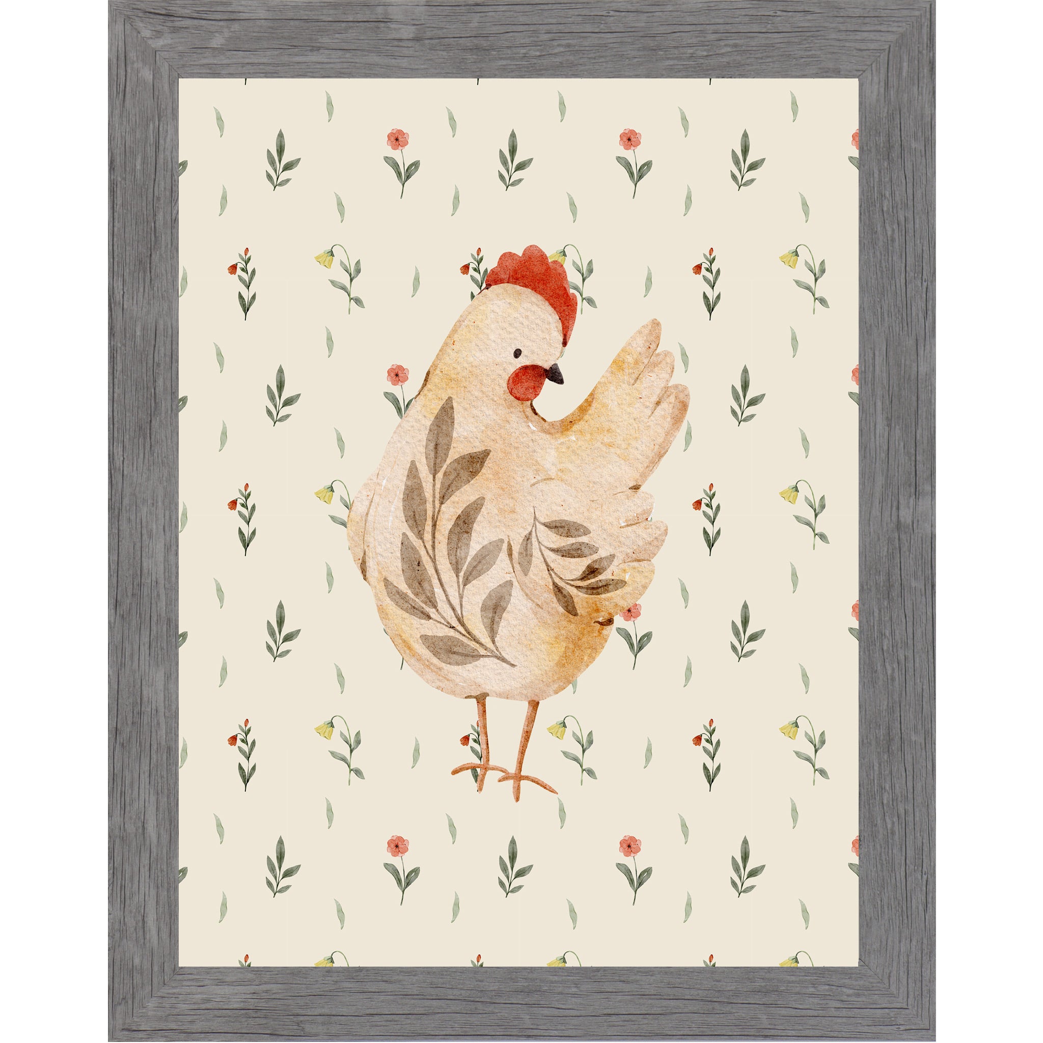 Gray framed vertical farmhouse wall art featuring a warm golden-brown watercolor hen right-facing on a cream background with tiny red wildflowers and green leaves