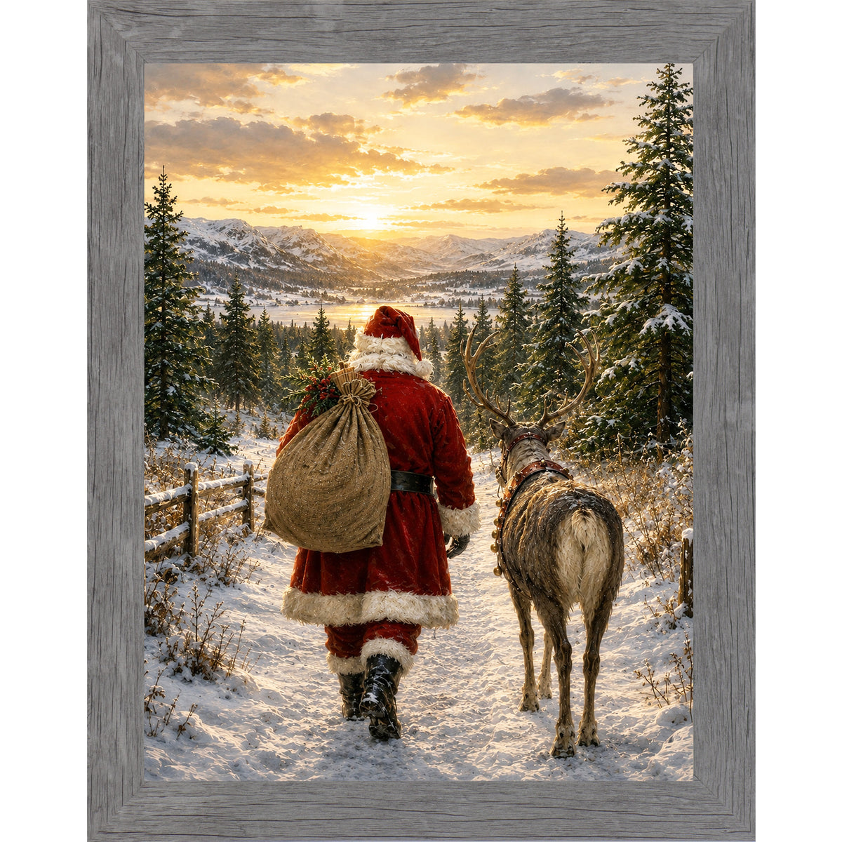 Gray framed portrait heritage Christmas wall art featuring Santa walking a snowy mountain path at sunrise beside a reindeer