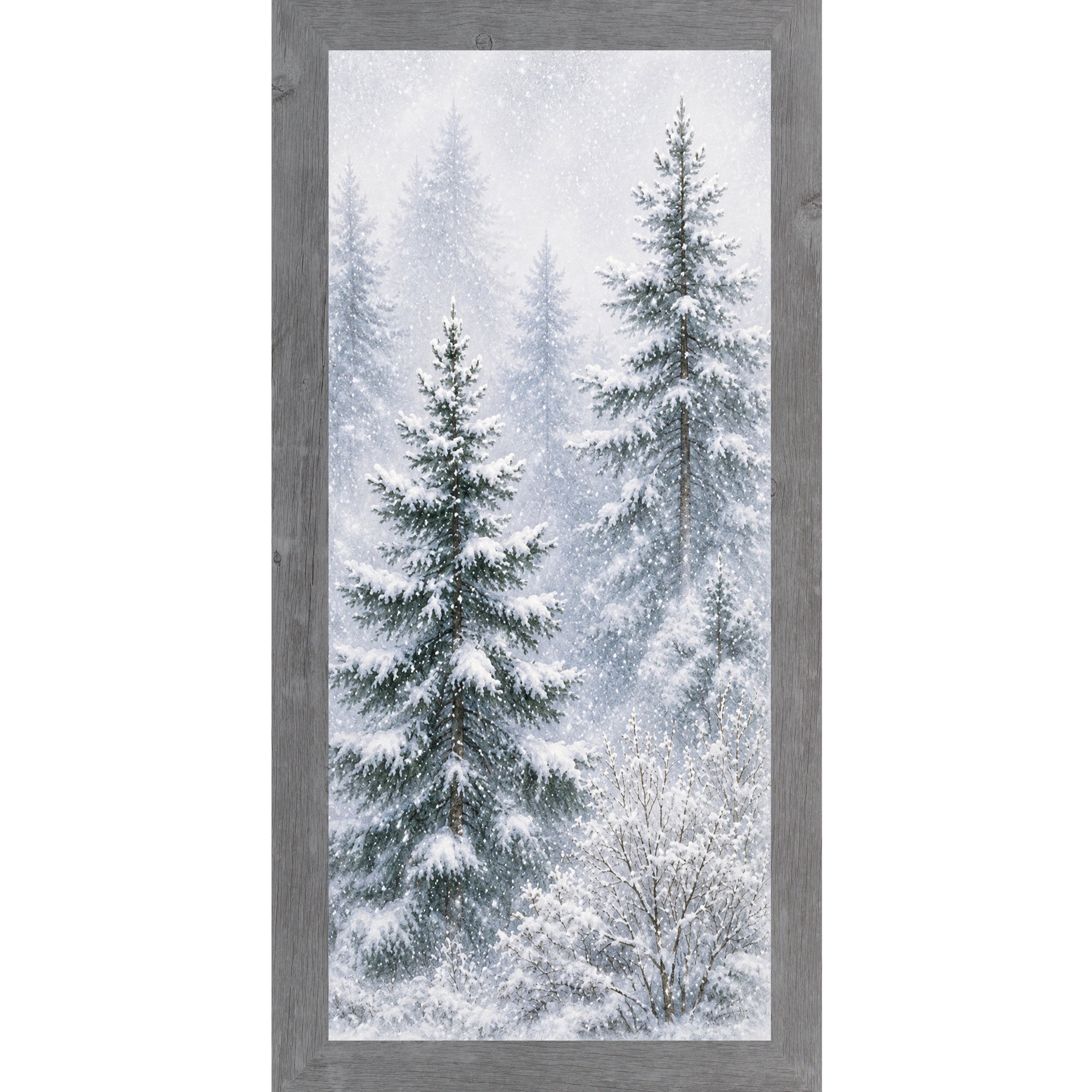 Gray framed narrow portrait watercolor winter wall art featuring a snowy pine forest with two tall evergreens leaning right through falling snow
