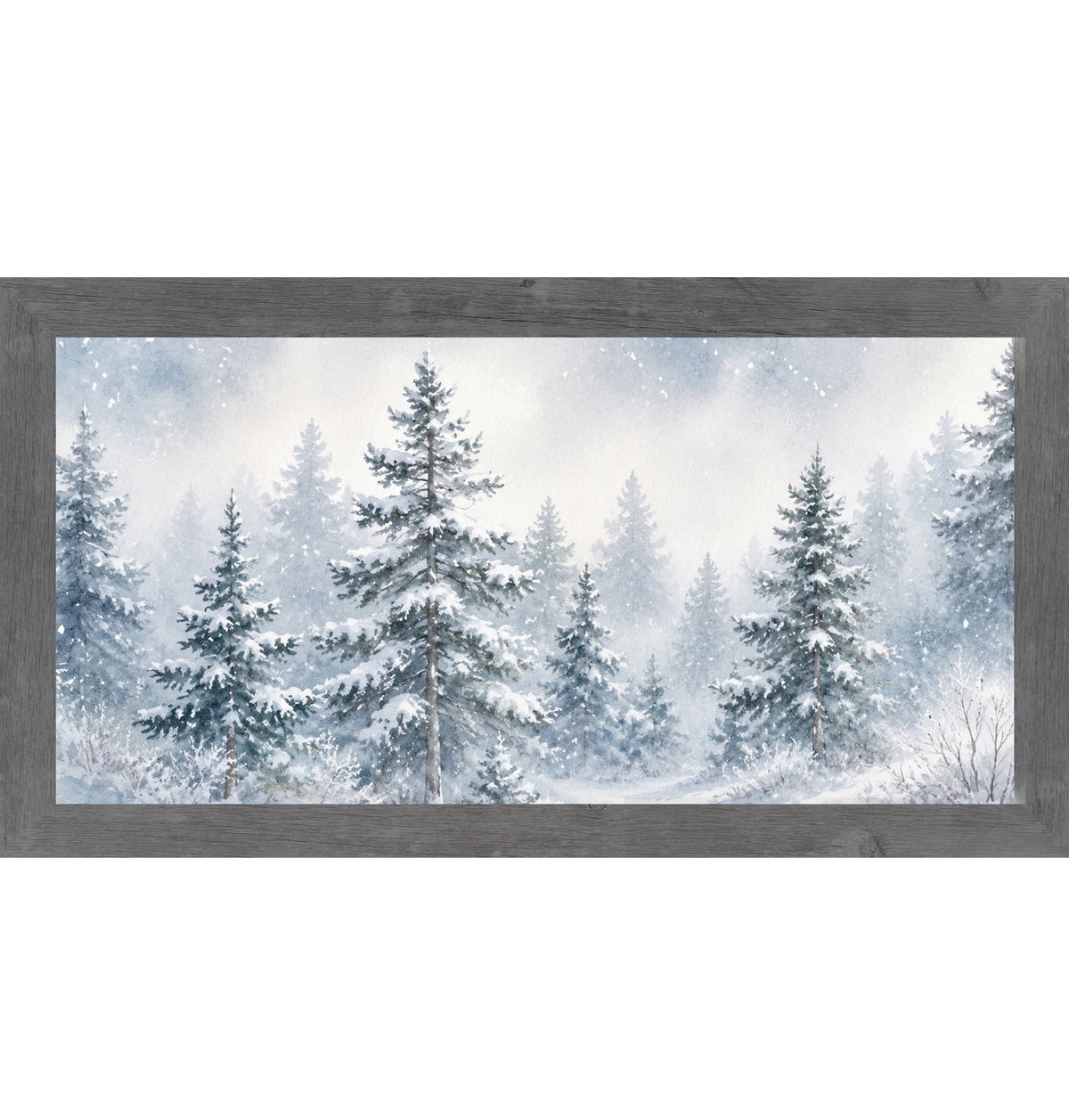 Gray framed wide landscape watercolor winter wall art featuring a full panoramic view of snow-covered pine trees