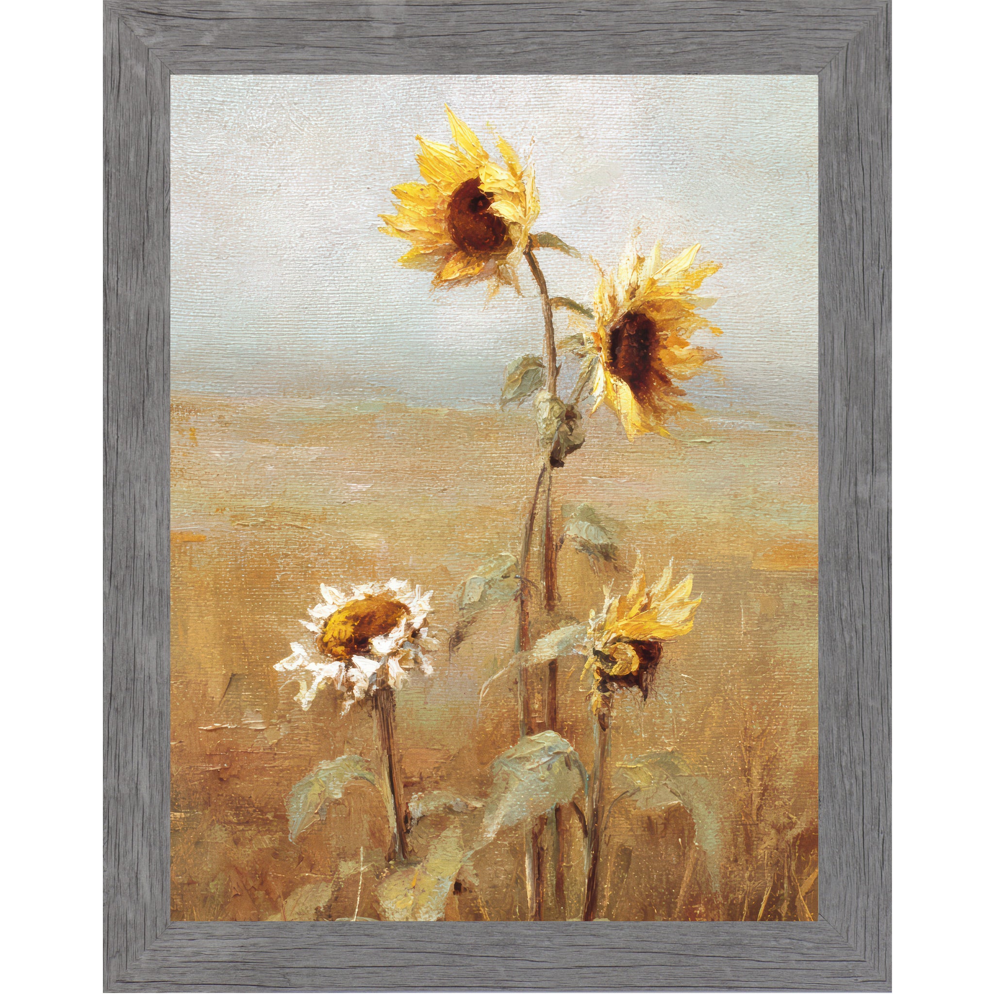 Gray framed vertical farmhouse wall art featuring four sunflowers in expressive oil painting style with thick brushstrokes against a soft blue-gray sky and golden wheat field