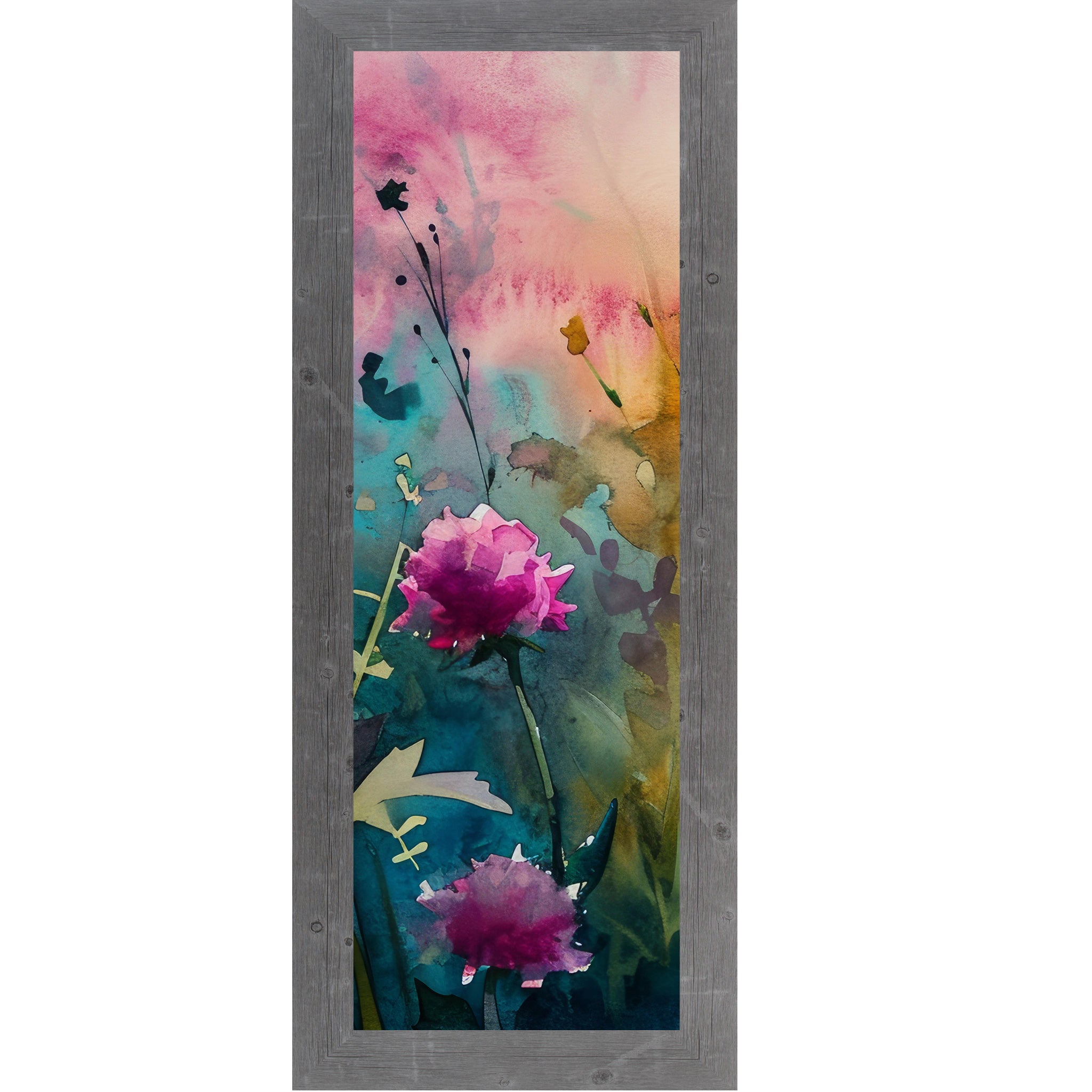 Gray framed narrow portrait watercolor wildflower wall art with a large open magenta peony against a hot pink teal and orange background with dramatic ink-style stems