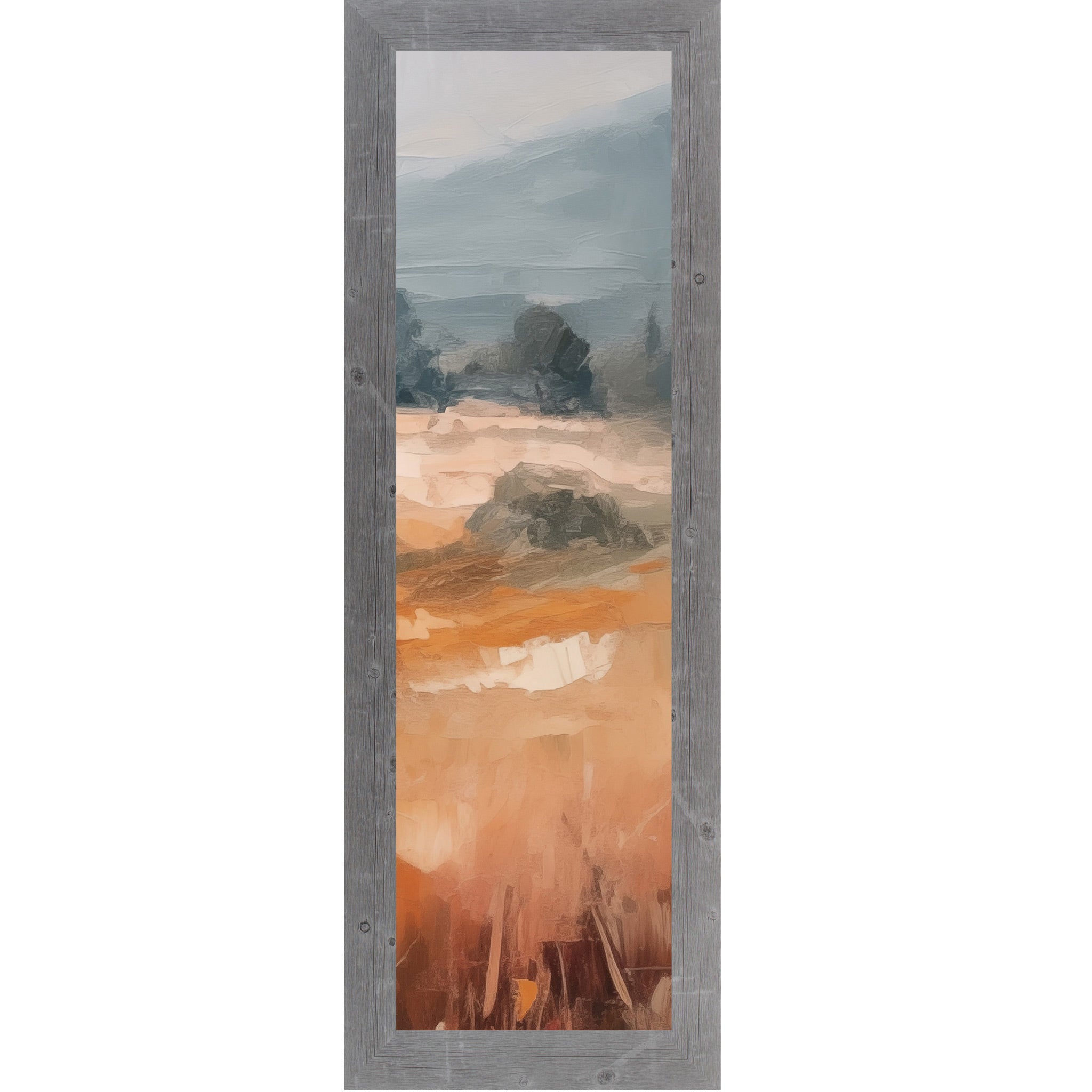 Gray framed narrow portrait abstract terracotta landscape wall art with rich amber and orange field dark trees in midground and dramatic blue-grey sky