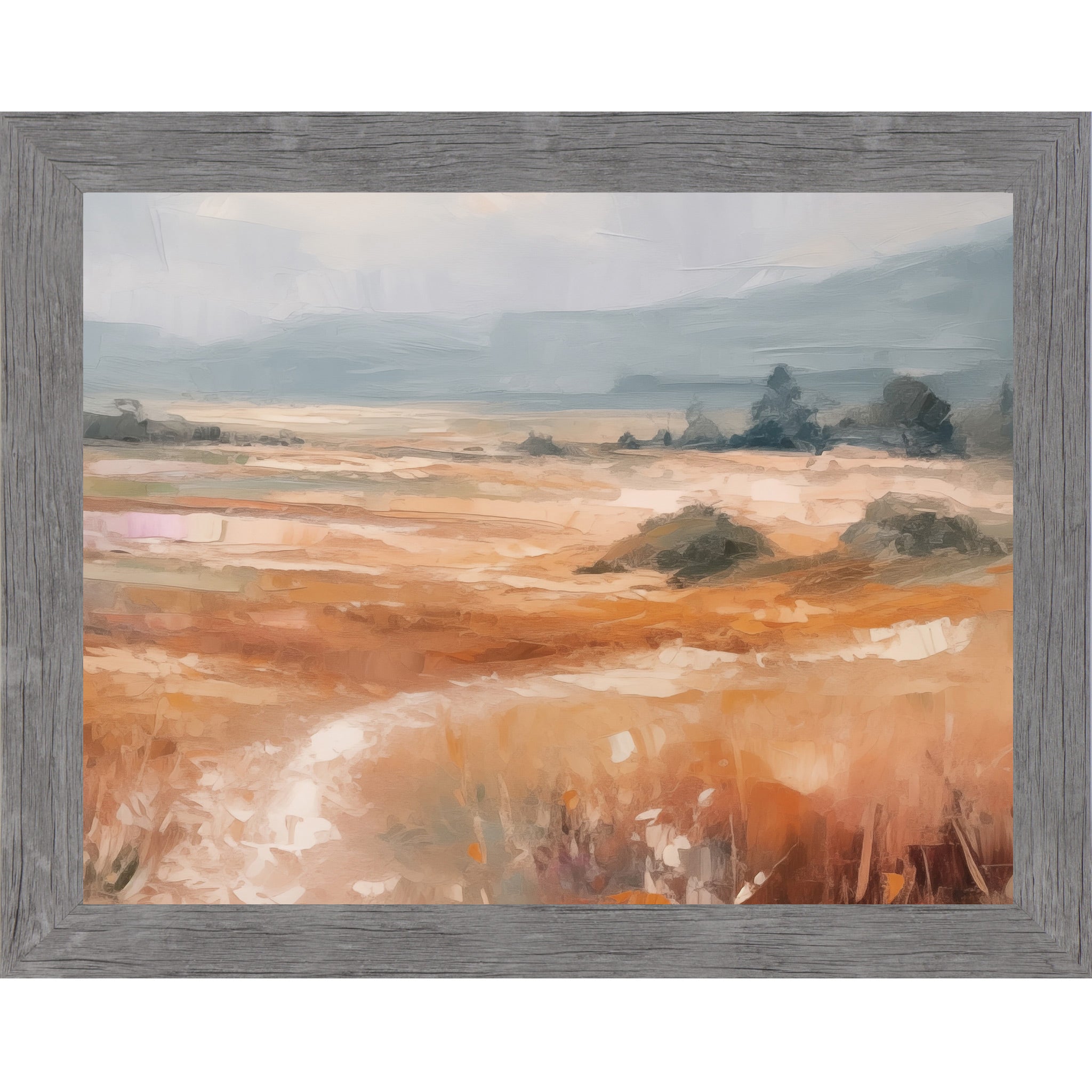Gray framed landscape abstract terracotta wall art with warm amber and orange field dark trees in midground and dramatic blue-grey sky with bold expressive brushwork