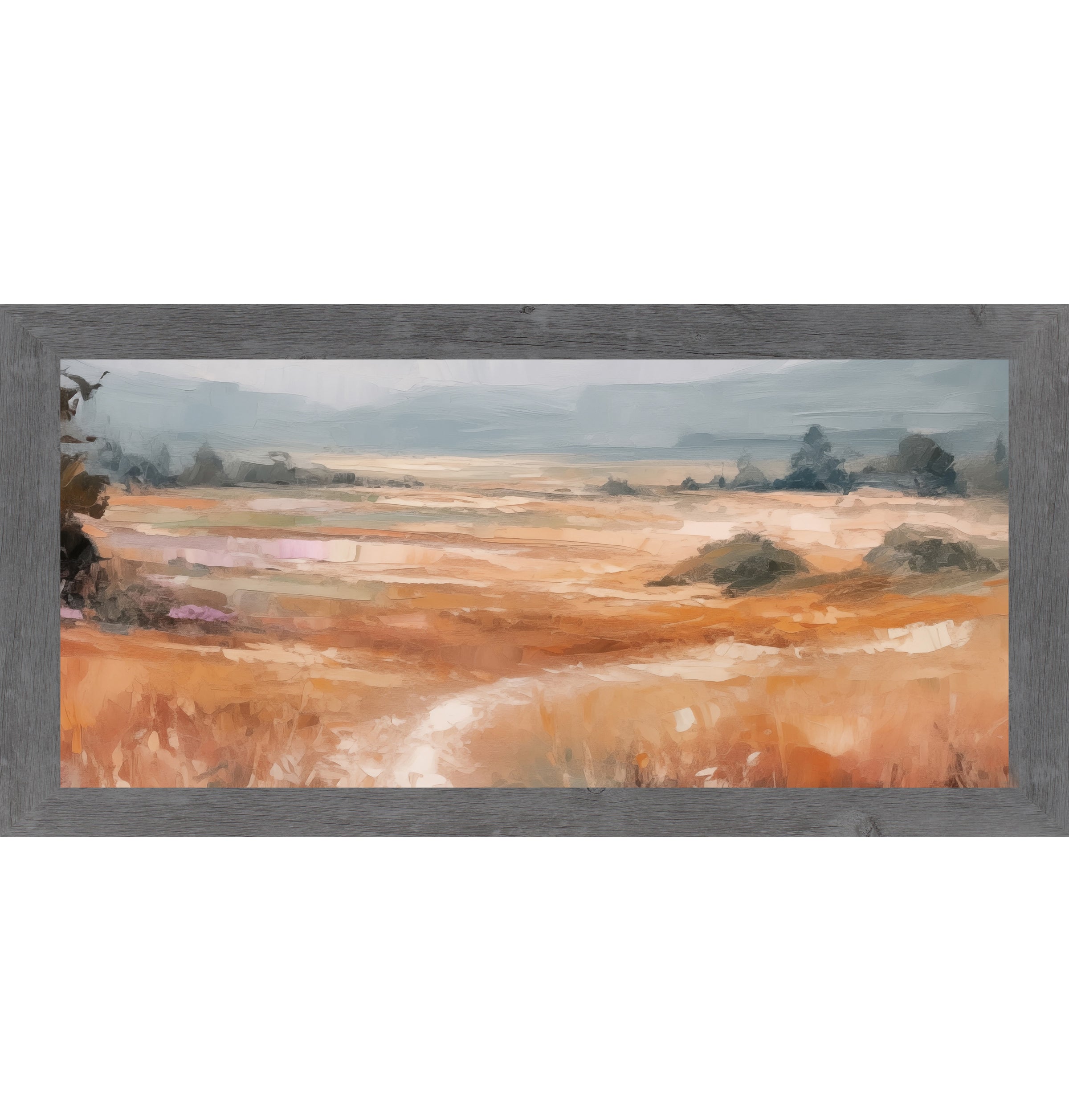 Gray framed wide landscape abstract terracotta wall art showing full panoramic scene with warm amber orange field dark trees left edge soft peach midground and dramatic blue-grey sky with bold expressive brushwork
