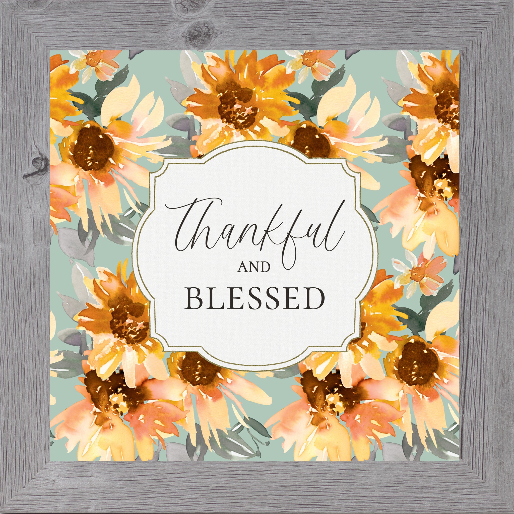 Gray framed square fall wall art featuring watercolor sunflowers in gold orange and peach on soft sage teal background with the words "Thankful and Blessed" — SB308