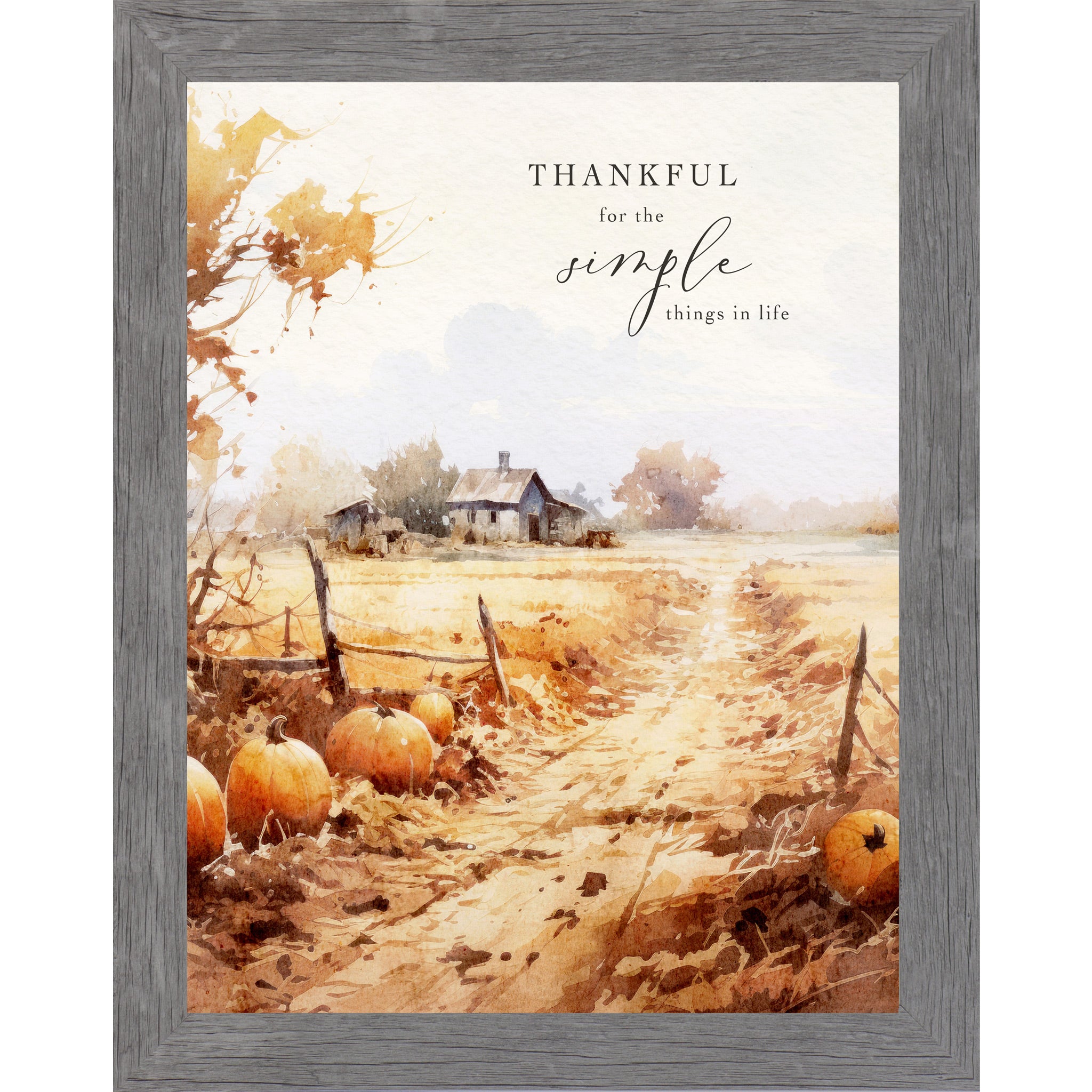 Gray framed portrait fall wall art featuring watercolor pumpkin field with golden lane split-rail fence and distant farmhouse in warm amber and rust tones with the words Thankful for the Simple Things in life in elegant mixed typography — SN389