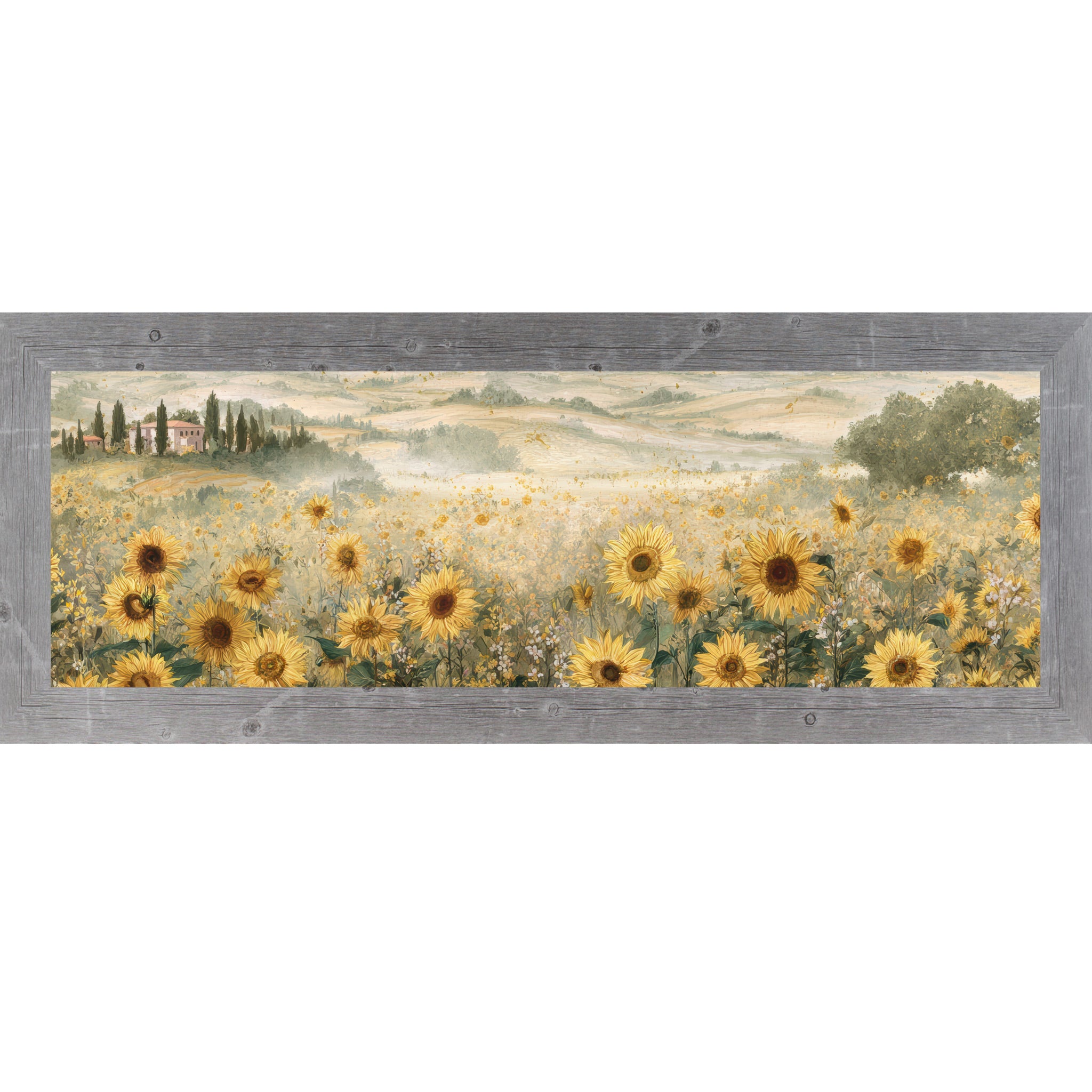 Gray framed wide landscape Tuscan sunflower wall art featuring golden sunflowers in the foreground with rolling Italian hills, cypress trees, a terracotta villa, and soft misty countryside in the distance