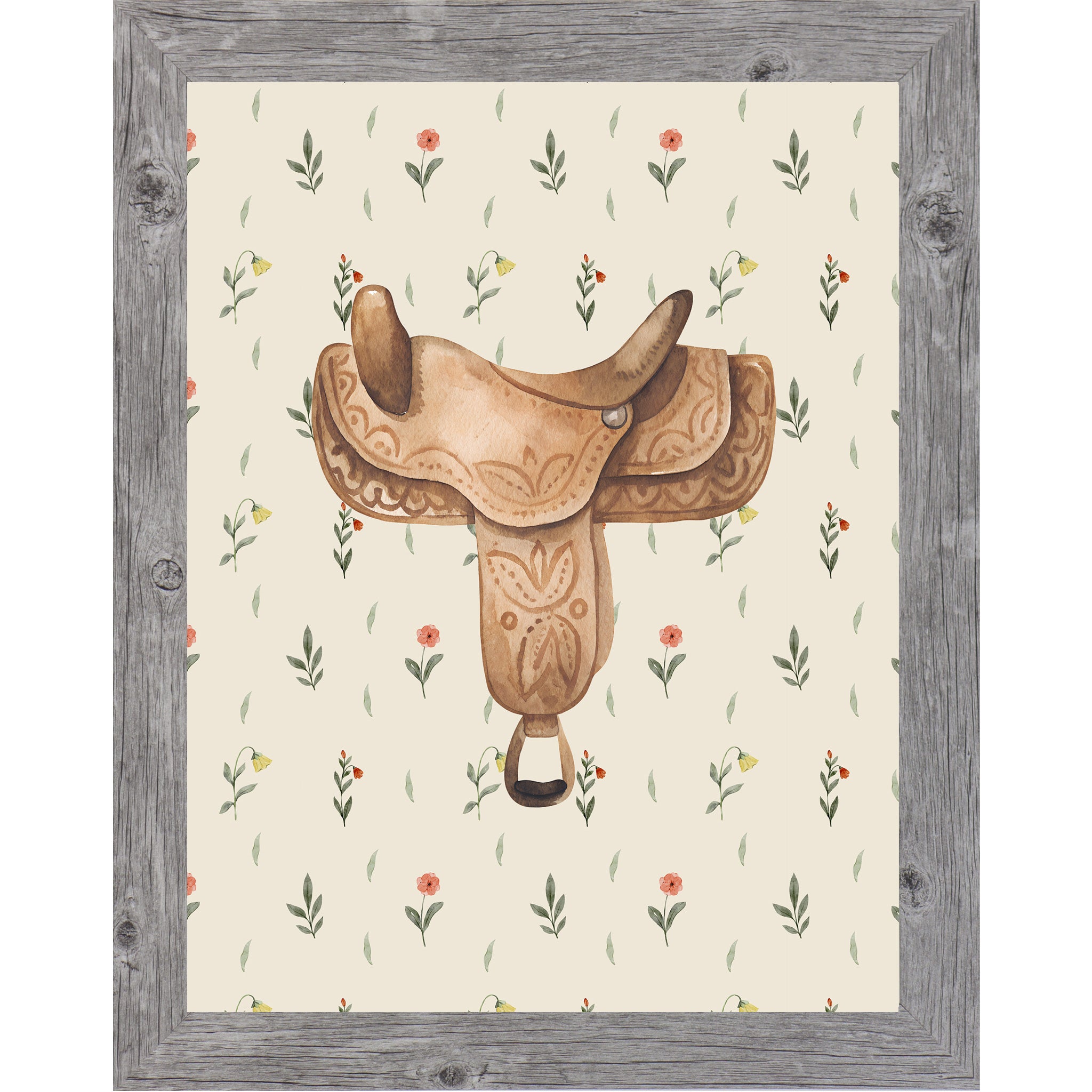 Gray framed portrait western saddle wall art with detailed watercolor tooled leather saddle centered on soft cream scattered wildflower floral background — equestrian cowgirl decor