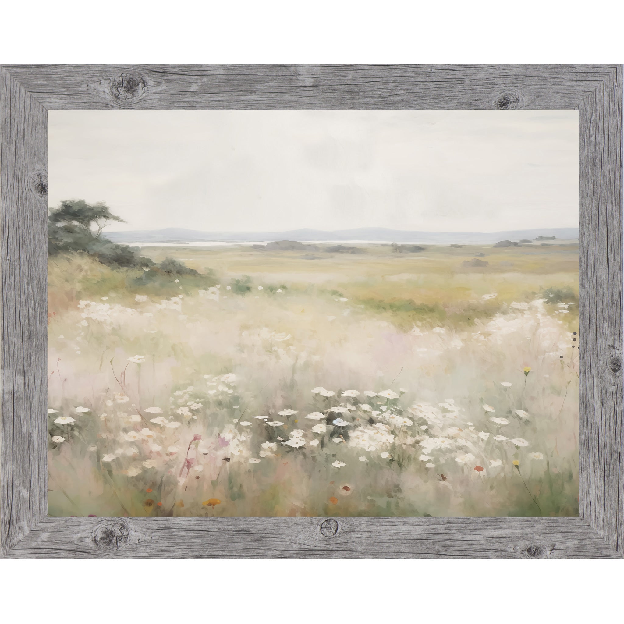 Gray framed landscape watercolor wildflower meadow wall art with white blooms soft grasses golden fields and distant coastal bay under pearl grey sky — neutral floral scenic decor